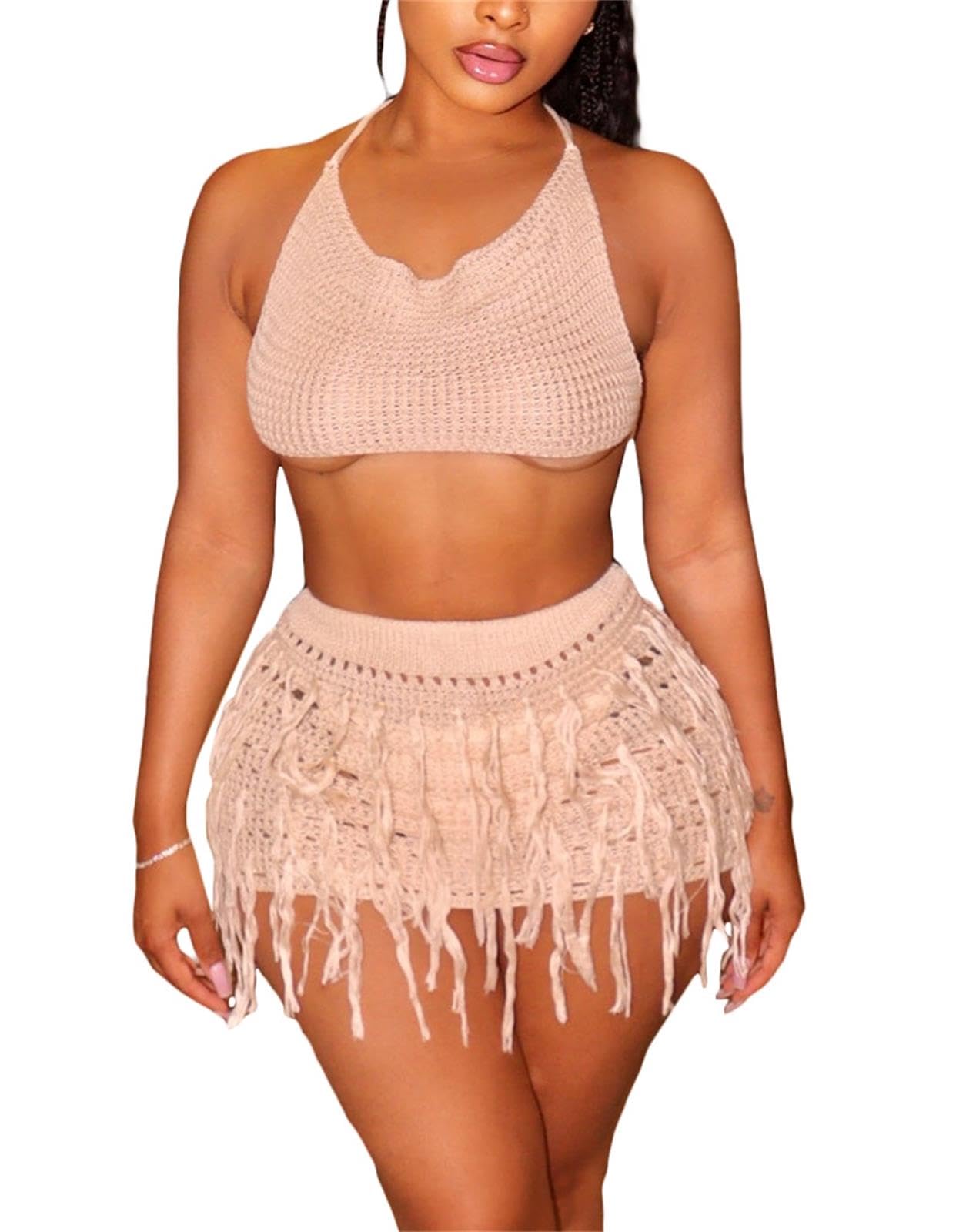 Women's Crochet Skirt Set - Sexy 2 Piece Outfit with Knit Tank Top & Fringe Skirt | Summer Beach Vacation Dress | Perfect for Boho Festivals, Pool Parties and Tropical Getaways