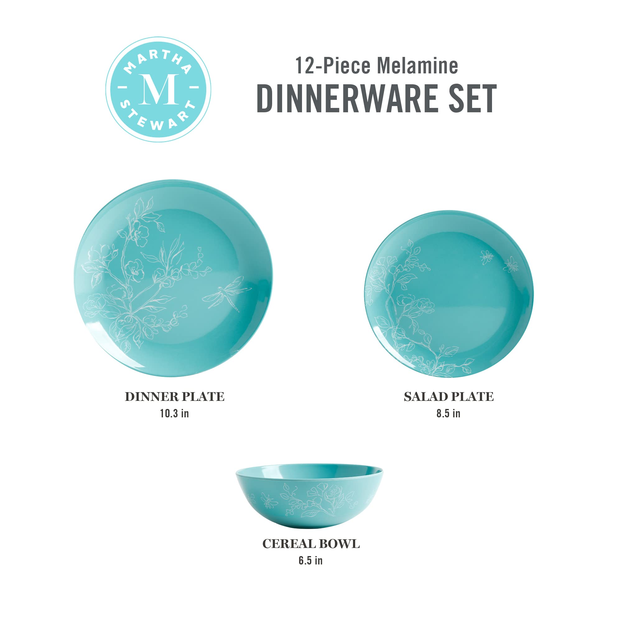 Martha Stewart Dragonfly Melamine Dinnerware Set - Teal, 12-Piece Service for 4, Outdoor & Indoor Use, Shatterproof & Lightweight for Picnics, Pool Parties & Everyday Dining