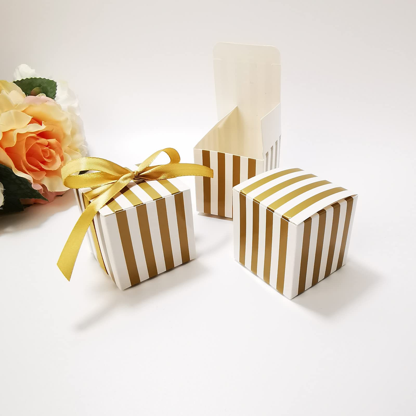 50-Piece Mini Striped Candy Boxes - Elegant Gold Vertical Pattern with Ribbon | Wedding Favors, Party Supplies, Baby Shower Gifts | Perfect for Wedding Decor, Birthday Parties & Holiday Events