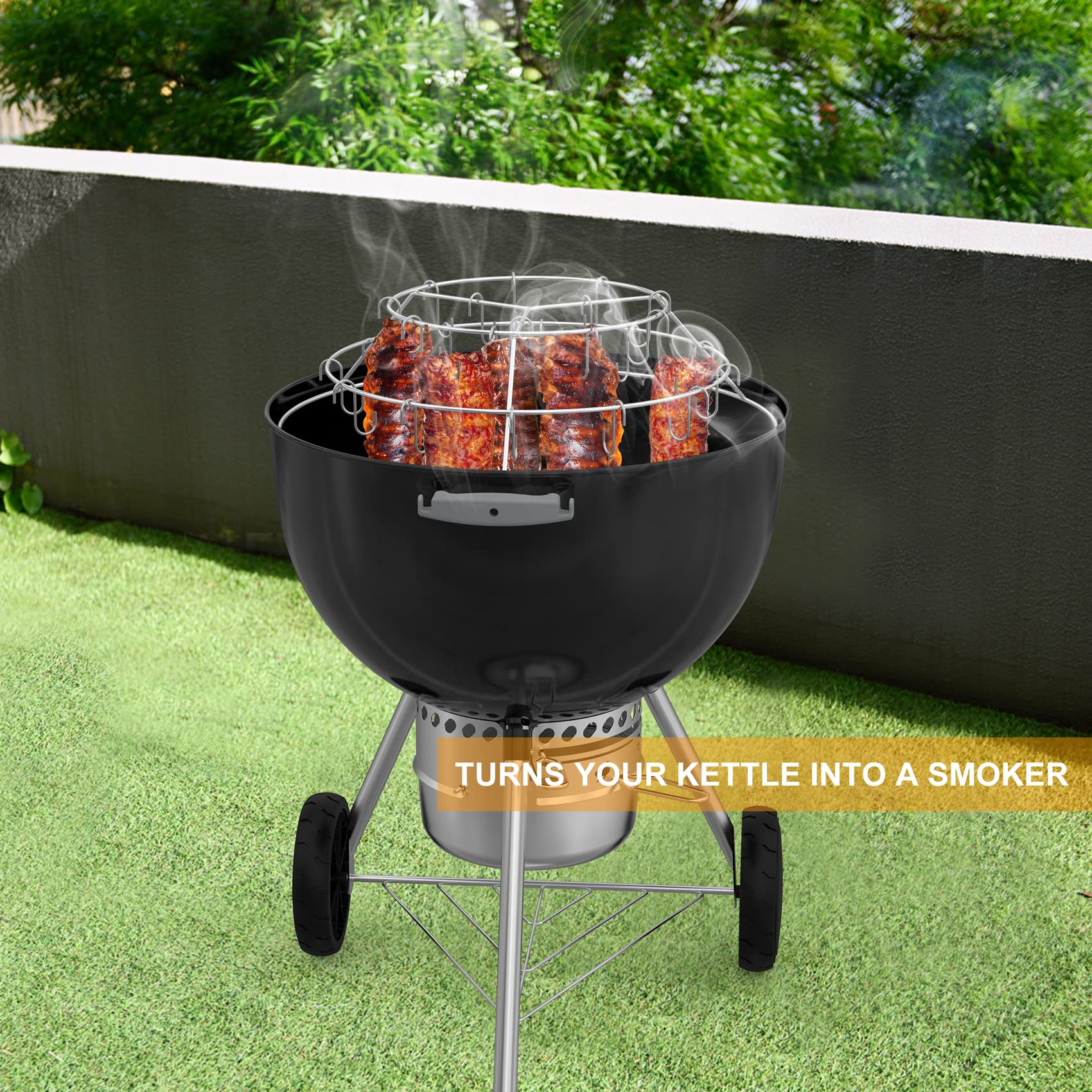 Onlyfire 3-Tier Stainless Steel Rib Hanging System with Removable Hooks - BBQ Grill Accessories for Weber 22