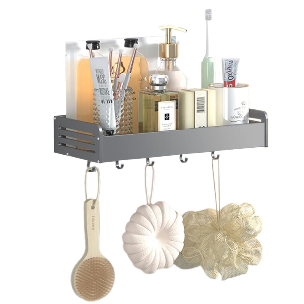 Rustproof Aluminum Alloy Shower Caddy with Hooks - 30cm Bathroom Shelf Organizer for Shampoo, Conditioner & Toiletries | No-Drill Installation, Space-Saving Storage Solution for Showers, Bathrooms & Dorm Rooms (Gray)