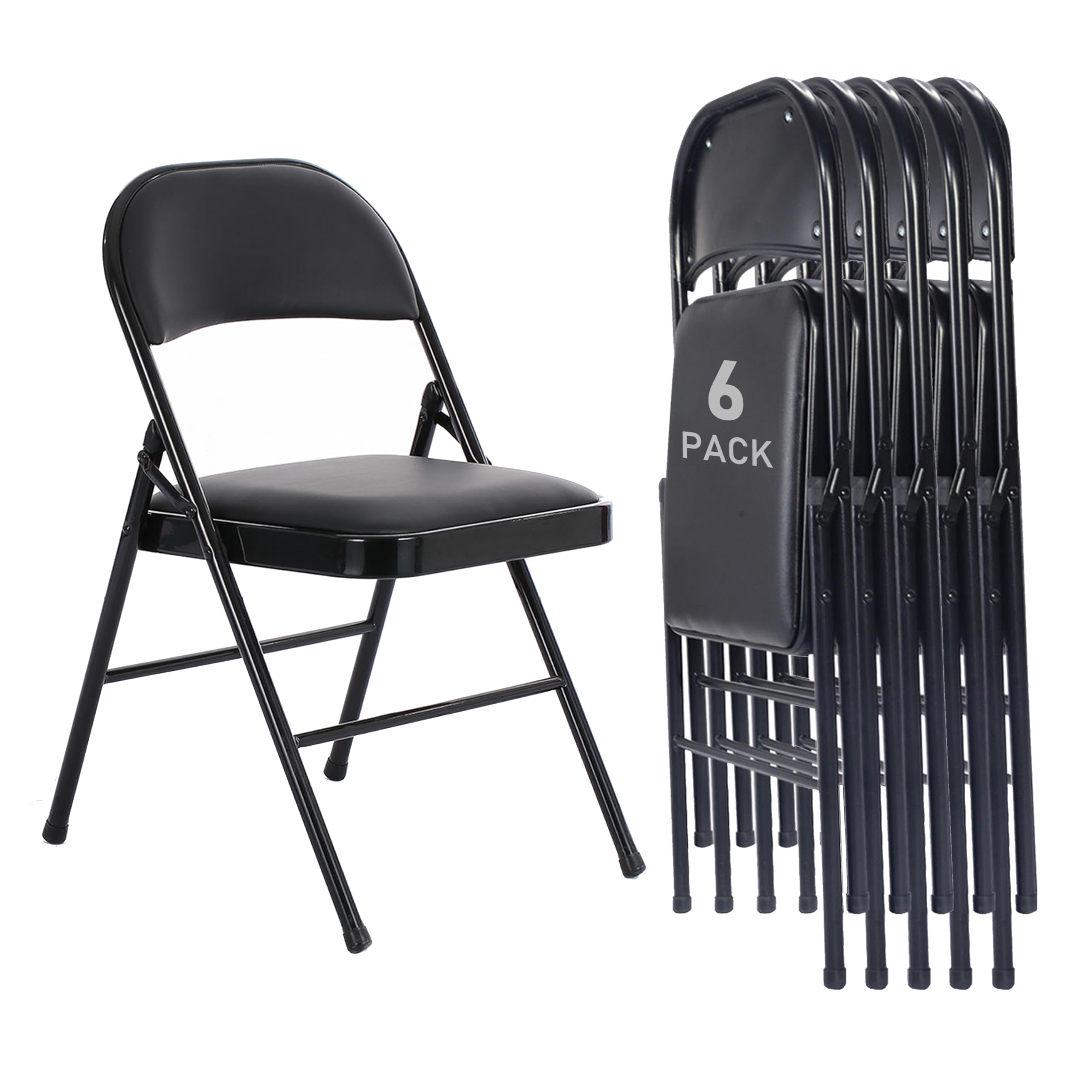 6 Pack Black Folding Chairs with Padded Seat & Back - Heavy Duty Steel Frame Stackable Chairs for Outdoor/Indoor Use - 330lbs Capacity - Perfect for Weddings, Parties, Offices, Events & Commercial Spaces