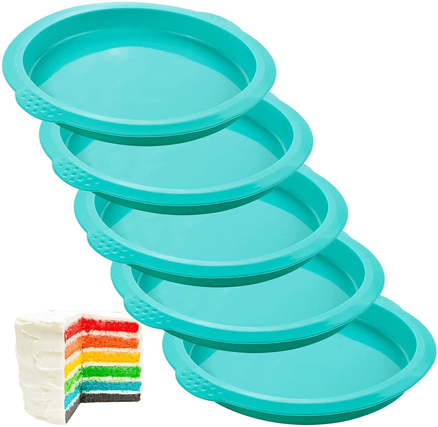 Rainbow Round Cake Pan Set - 6 Inch Non-Stick Silicone Baking Molds (5-Piece) for Cakes, Cupcakes, Pancakes & Pizza - Perfect for Birthday Parties, Baking Classes & Home Kitchen Use