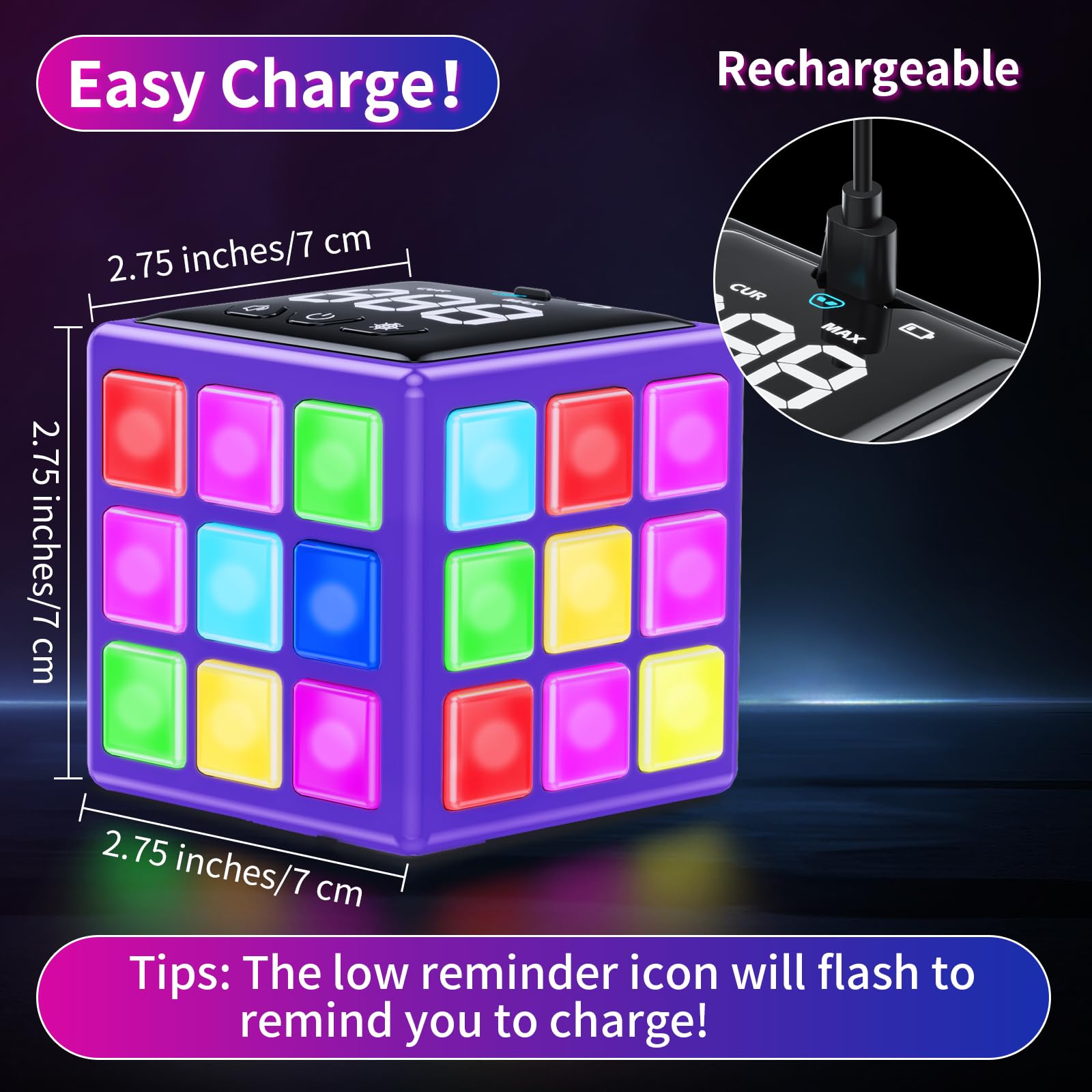 Rechargeable 15-in-1 Game Cube - Fun Brain Memory & Speed Games for Kids Ages 6-12 | Perfect Christmas Birthday Gift for Boys & Girls | Cool Electronic Toy with Score Screen (Purple) | Great for Travel, Parties & Family Game Nights