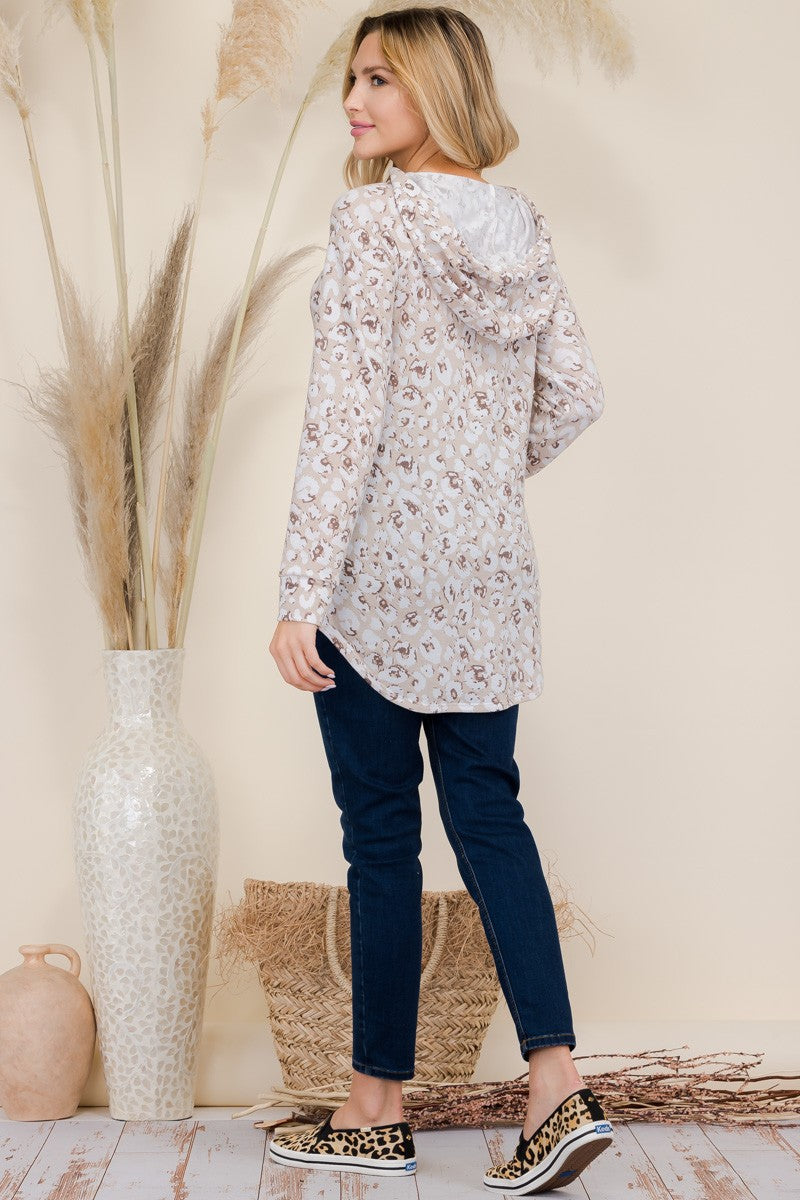 Celeste Women's Full Size Long Sleeve Hooded Blouse with Drawstring - Leopard Print Fashion Top for Casual Wear, Office Outfits & Date Nights