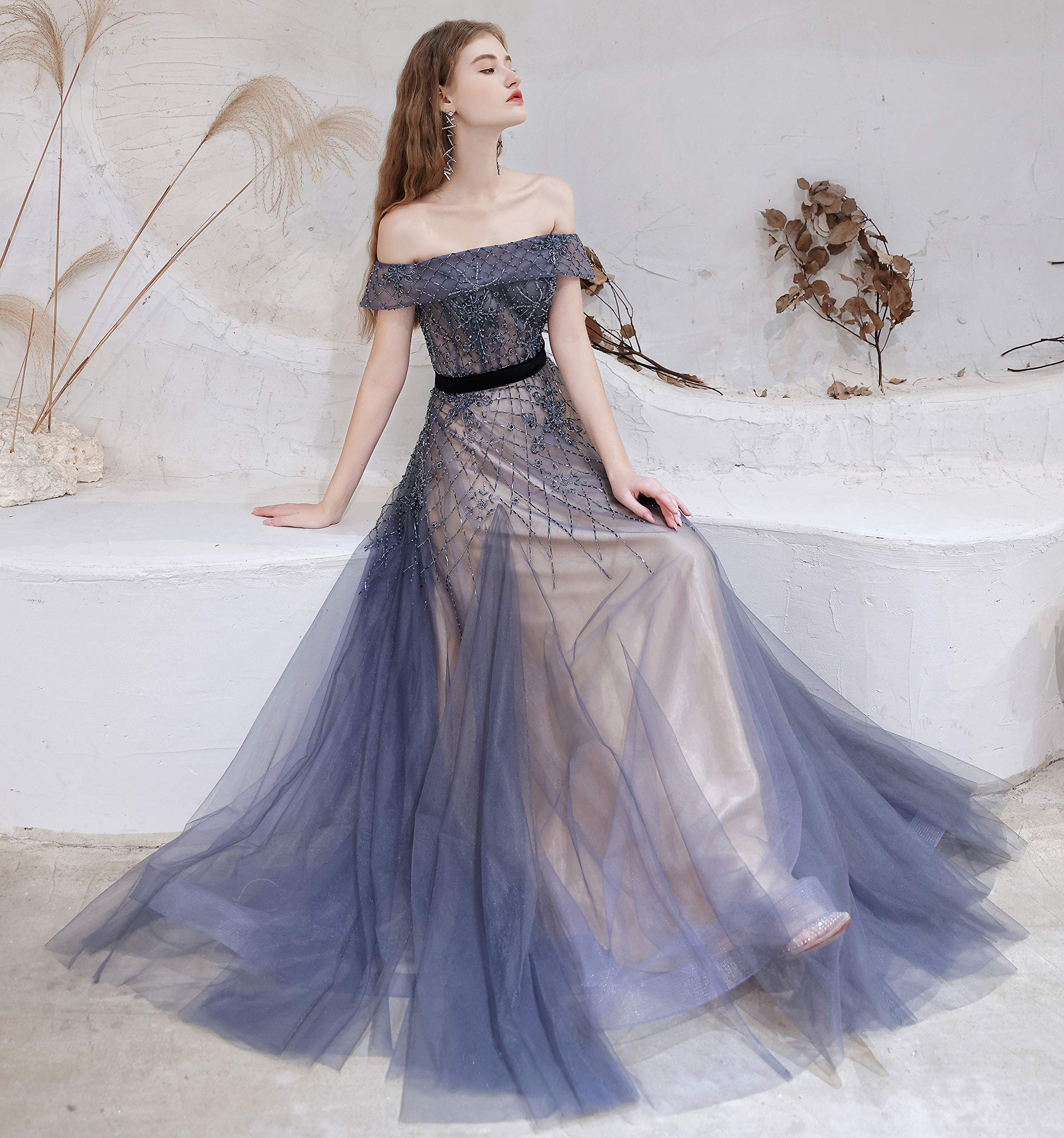 Elegant Off-Shoulder Beaded Tulle Evening Gown for Women - Long Formal Dress for Prom, Wedding & Special Occasions
