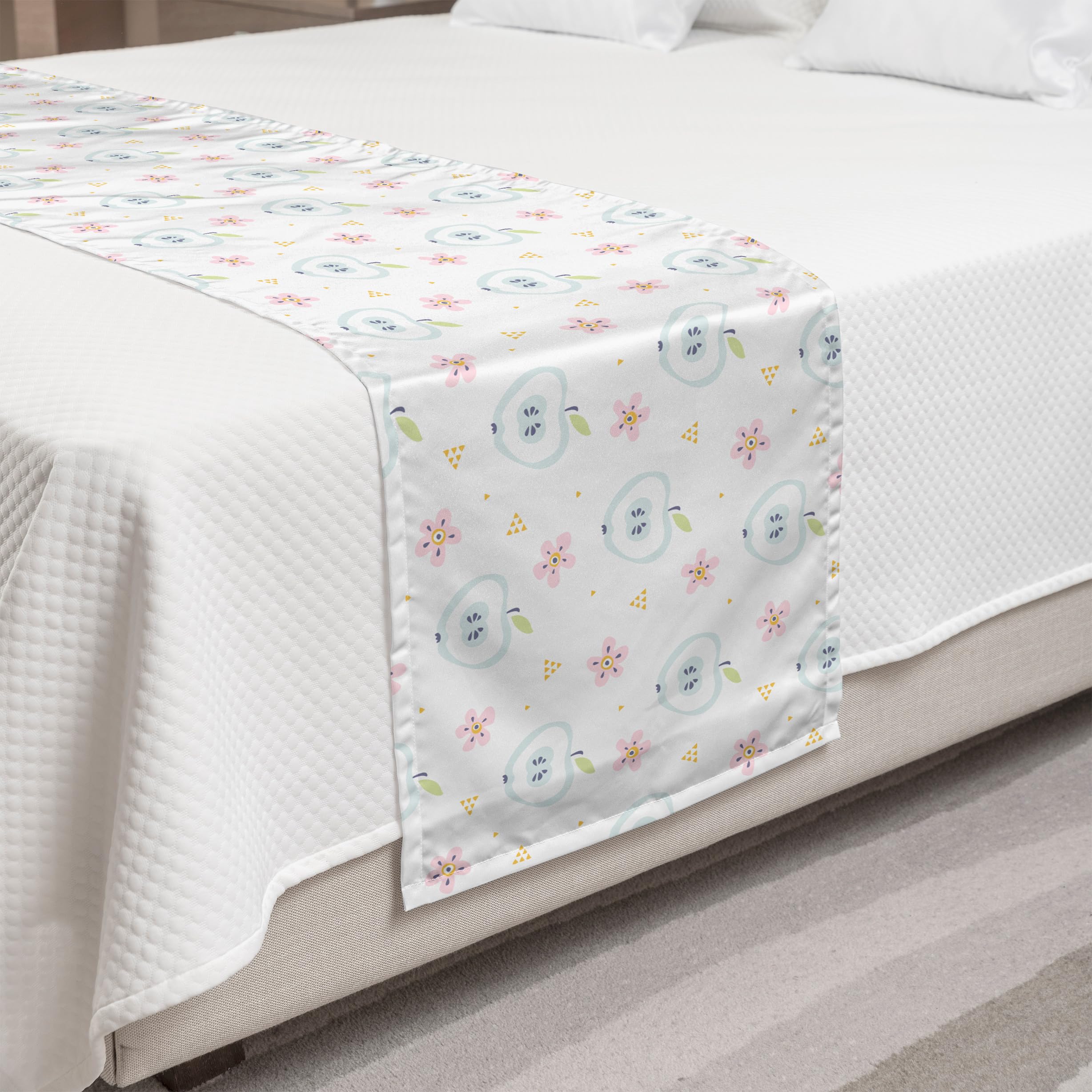 Ambesonne Floral Bed Runner with Fresh Apple Flowers Print - Soft Pastel Tones Decorative Bedding Scarf for Hotels, Homes & Guestrooms - Pastel Green Rose Design - Perfect for Spring Decor, Wedding Accents & Bedroom Styling