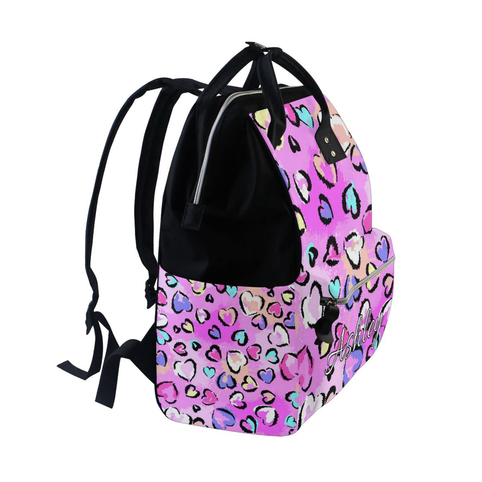 Personalized Leopard Hearts Diaper Backpack - Custom Name Mommy & Baby Changing Bag for Nursing, Travel & Daily Use