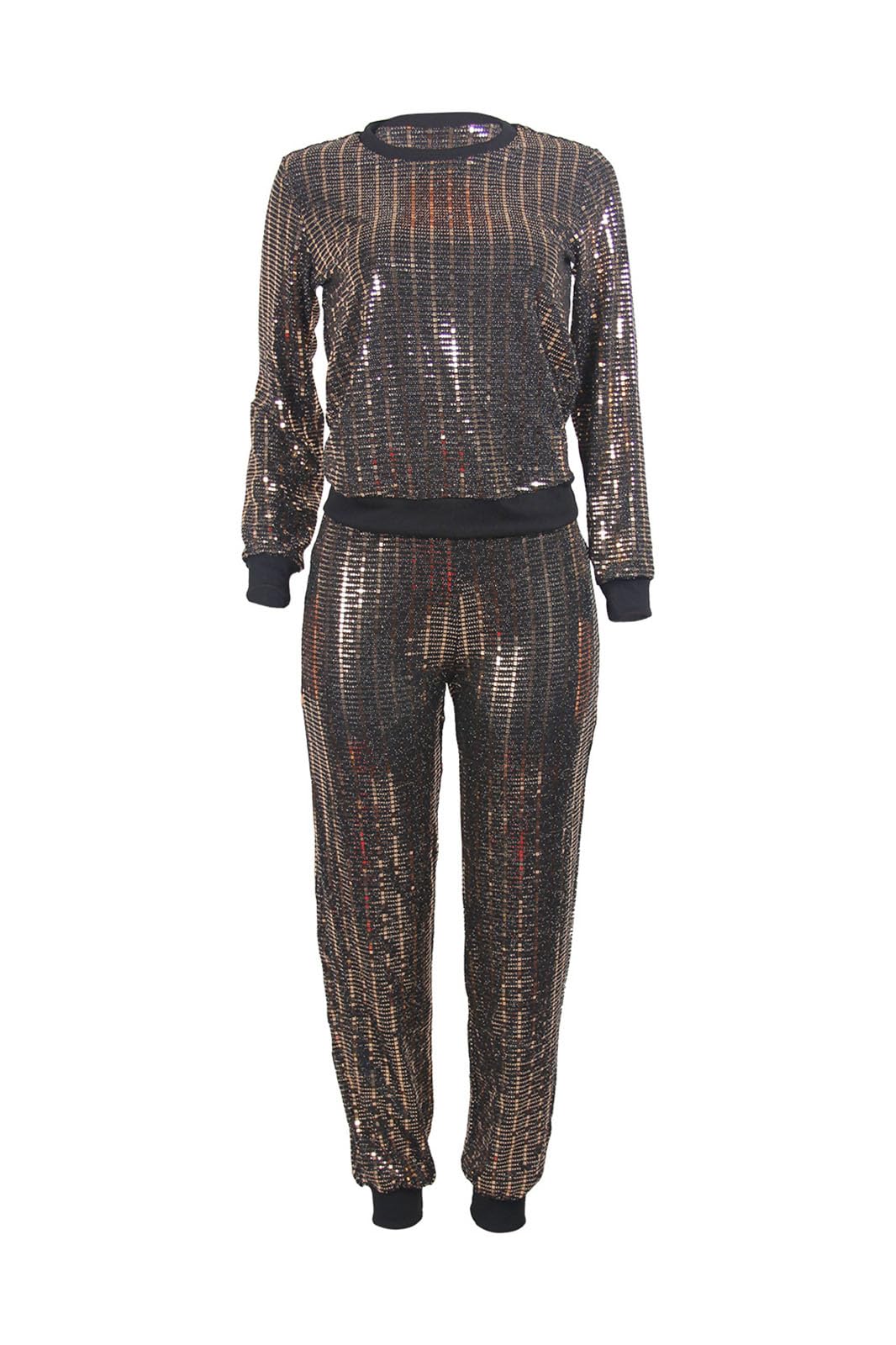 Women's Shiny Tracksuit Set - Round Neck Pullover & Bodycon Sweatpants Jumpsuit in Brown | Gym Workout, Yoga, Running, Lounge Wear, Casual Outfit