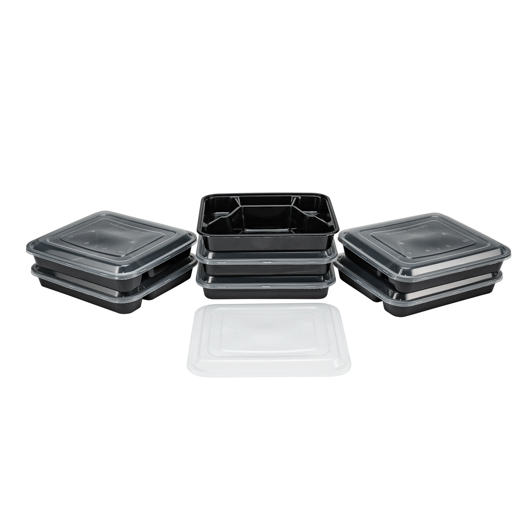 34 oz Black Plastic 4-Compartment Meal Prep Containers with Clear Lids - Microwave Safe (8.75