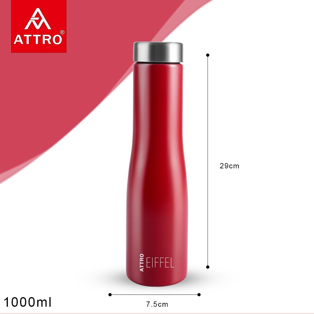 ATTRO Eiffel 1000ml Stainless Steel Water Bottle - BPA-Free, Leak Proof, Single Wall Design for School, Office, Gym & Outdoor Activities - Set of 2 Red Insulated Bottles for Hot & Cold Drinks