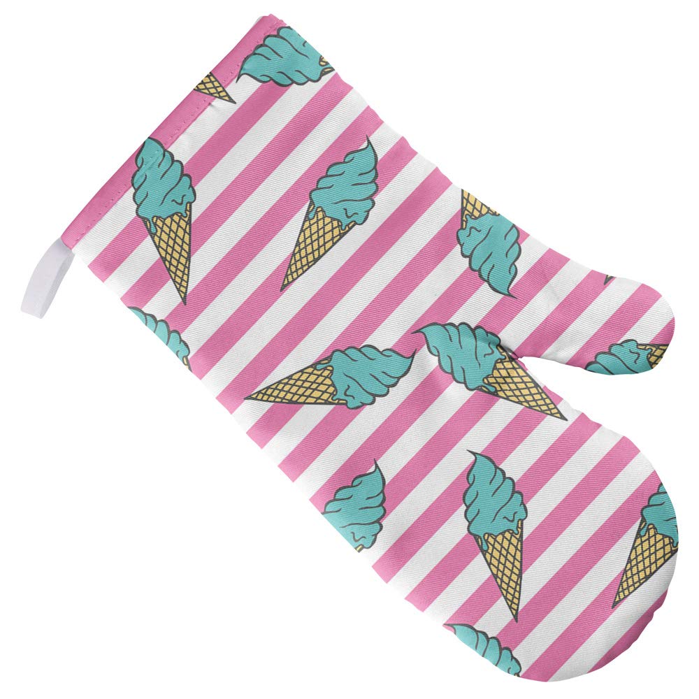 Premium Ice Cream Cones & Striped Oven Mitt Set - Heat Resistant Kitchen Gloves for Baking, Grilling, BBQ - Perfect for Indoor & Outdoor Cooking
