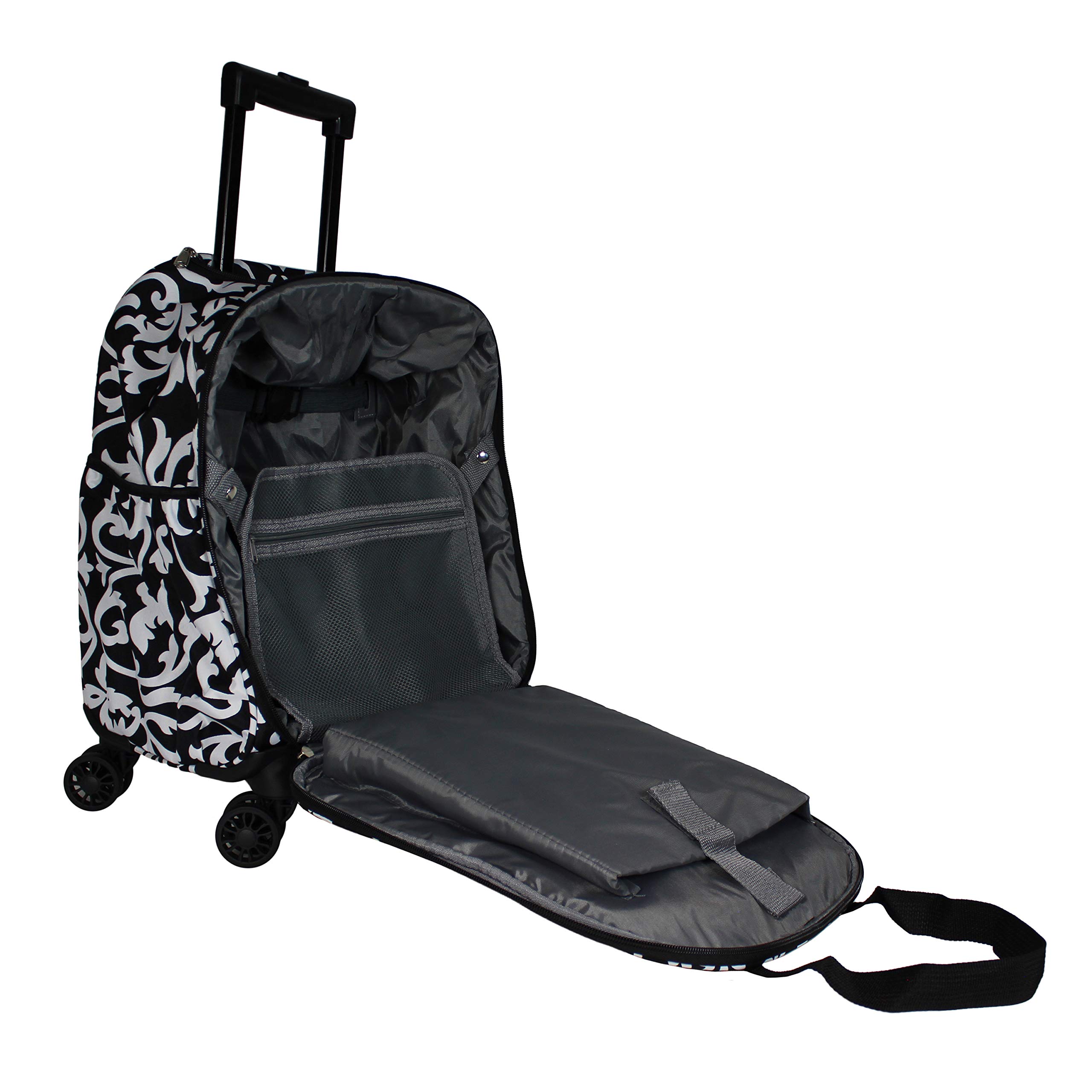 World Traveler 18-Inch Lightweight Spinner Carry-On Luggage - Stylish Prints, Compact & Durable Black Trim Damask Suitcase for Air Travel, Business Trips & Weekend Getaways