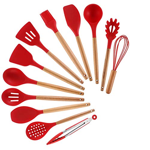 12-Piece Silicone Kitchen Utensil Set with Wooden Handles - Non-Slip Heat Resistant Cooking Tools for Baking, Frying & Grilling (Blue) - Perfect for Home Chefs & Professional Kitchens