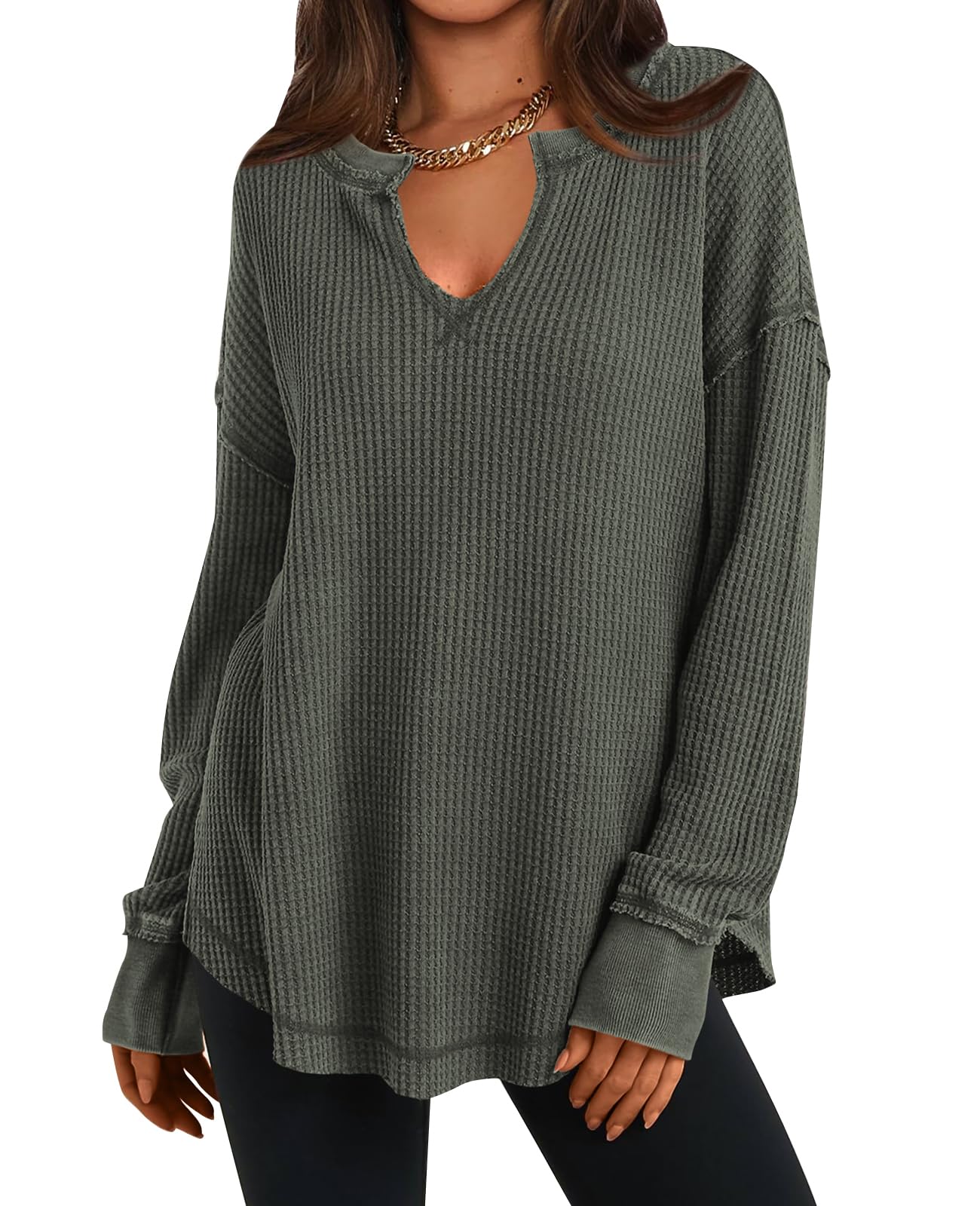 PRETTYGARDEN Women's Waffle Knit Long Sleeve V-Neck Pullover Top - Drop Shoulder Oversized Casual Shirt with Exposed Seam Detail | Perfect for Spring Layering, Coffee Dates & Weekend Outfits