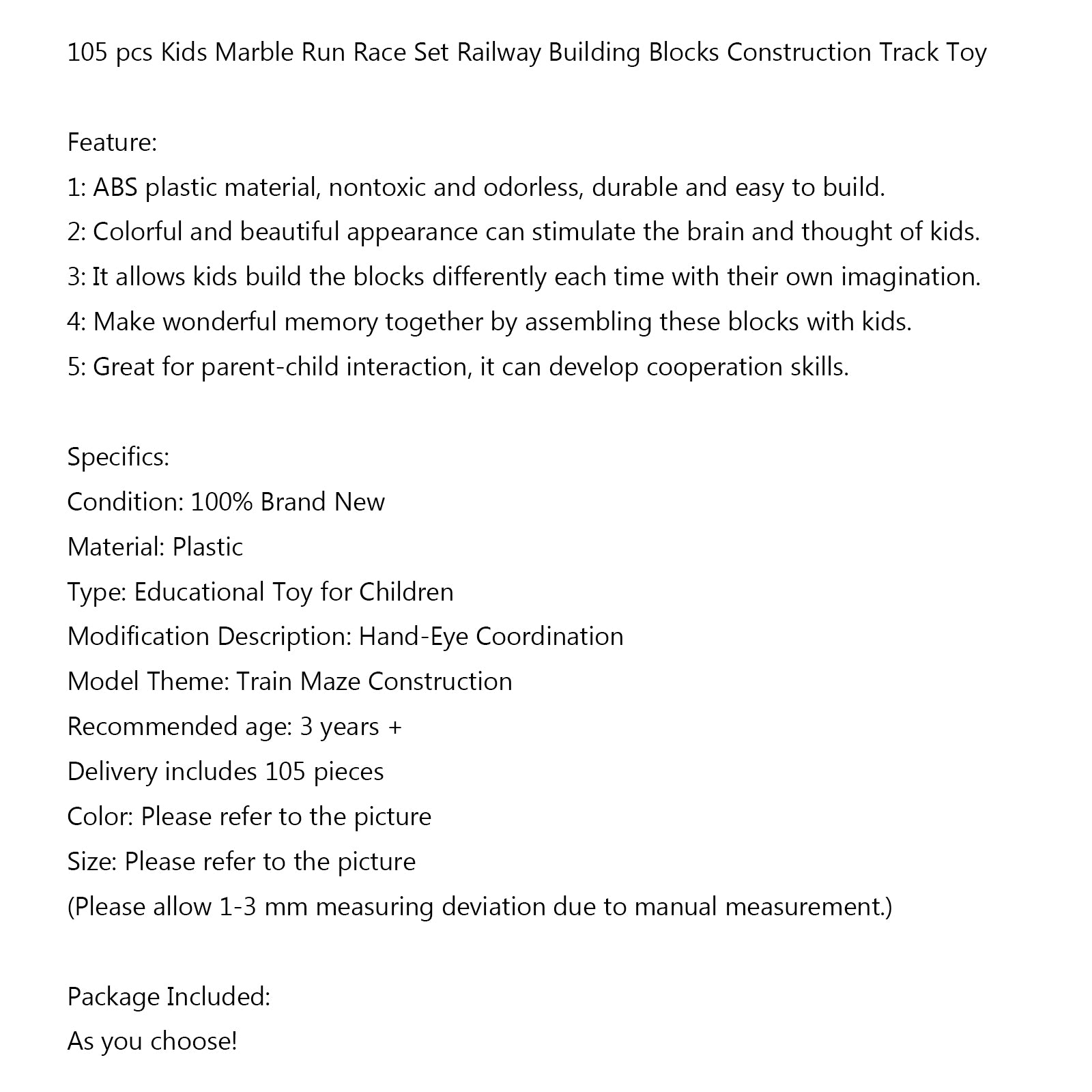 105pcs Kids Marble Run Race Track Set - STEM Educational Building Blocks Construction Toy for Boys & Girls - Perfect for Indoor Play, Birthday Gifts & Classroom Activities