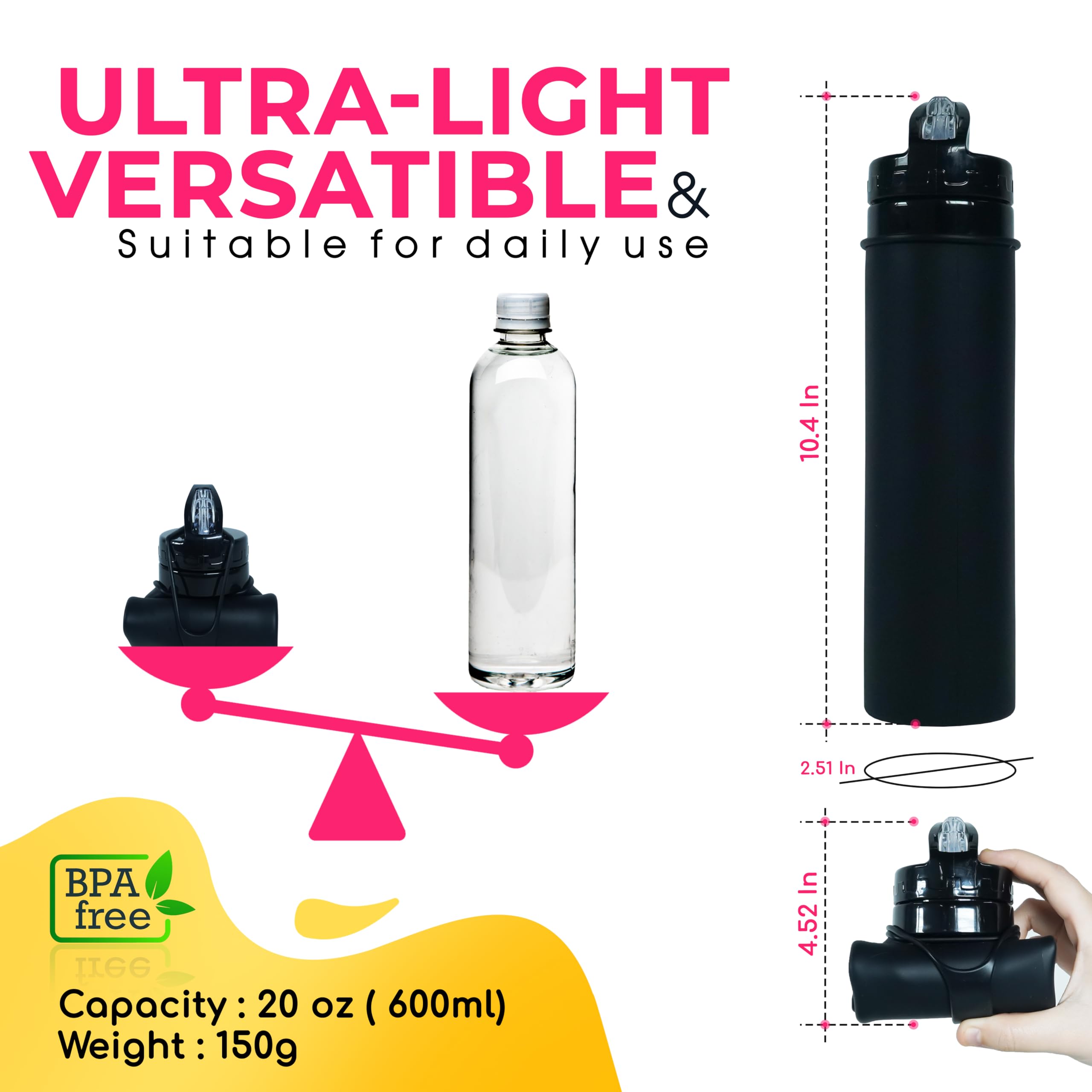 Collapsible Water Bottle 20oz - BPA Free, Leak Proof, Food Grade Silicone Reusable Water Bottle for Travel, Camping, Hiking, Gym & Outdoor Activities - Portable Foldable Jug for Sports, Work & Daily Use (Black)