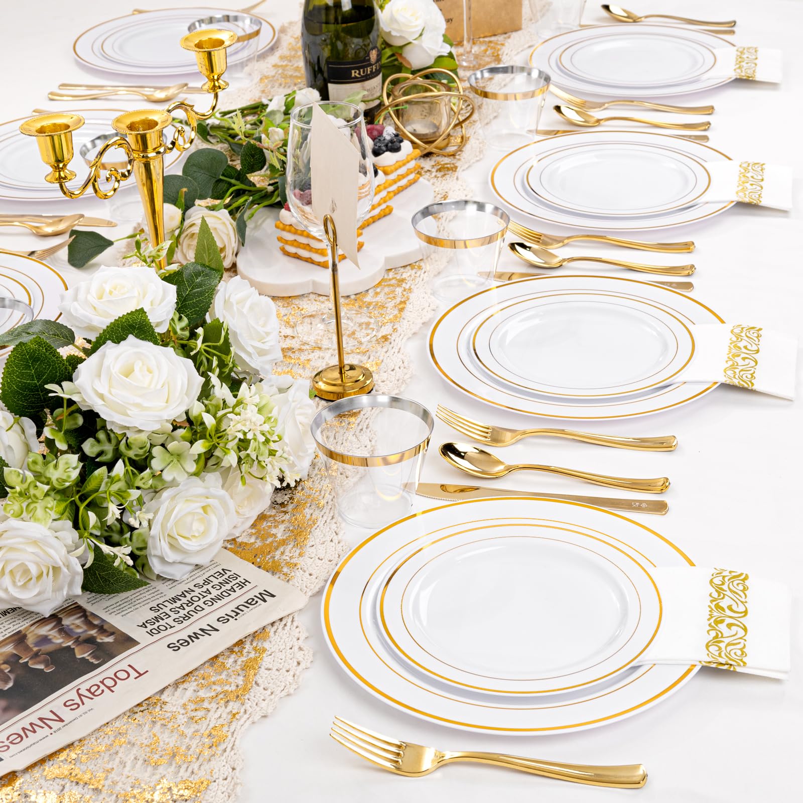 350-Piece Gold Disposable Dinnerware Set for 50 Guests - 100 Plastic Plates, 50 Paper Napkins, 50 Cups & 50 Silverware - Elegant Party & Wedding Tableware for Banquets, Bridal Showers, Anniversary Celebrations and Special Events