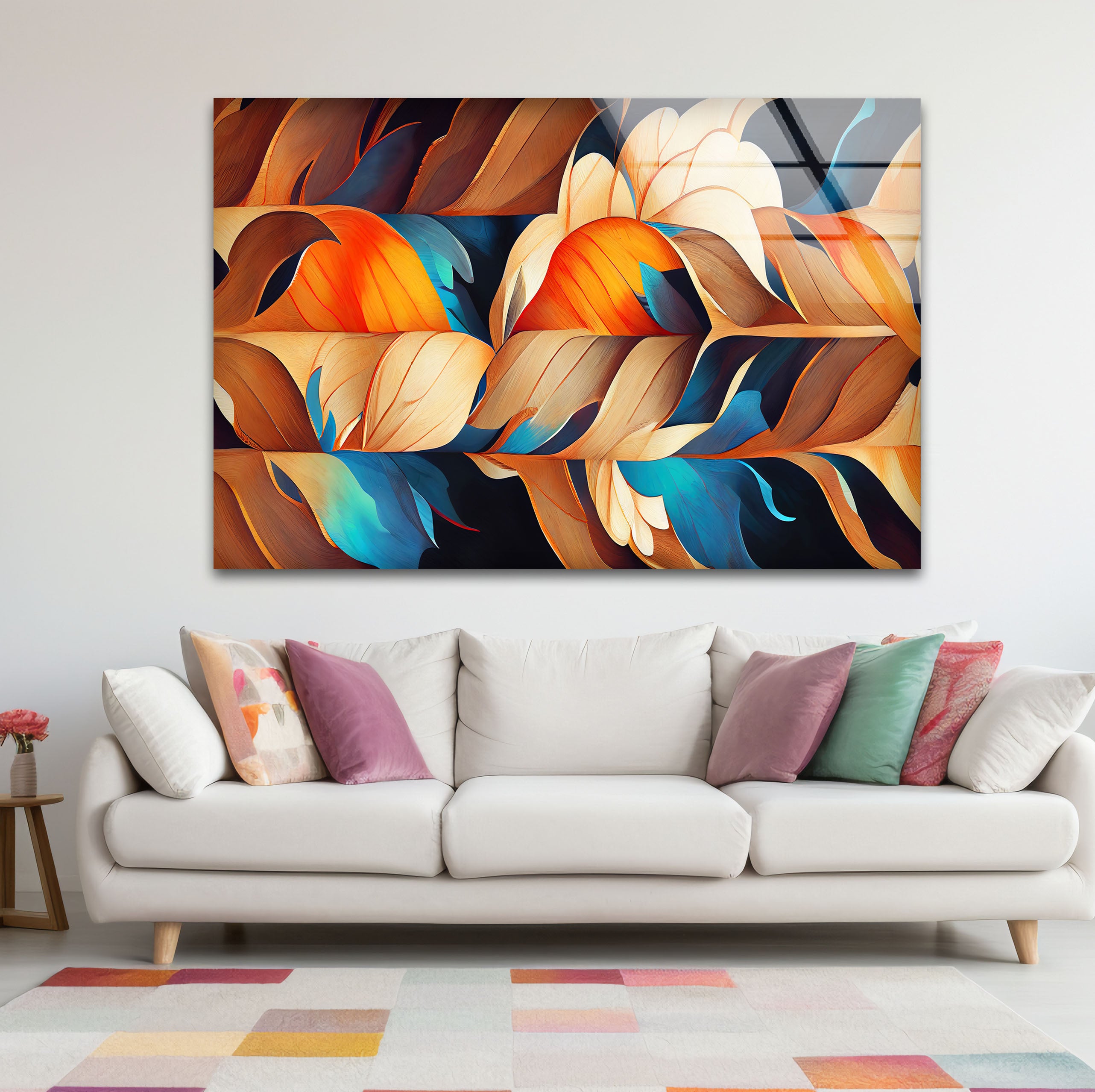 Abstract Feather Flow Glass Wall Art – Earthy Orange & Teal Nature Design Handmade Home Decor for Living Room, Bedroom & Office – Modern Nature-Inspired Wall Hangings