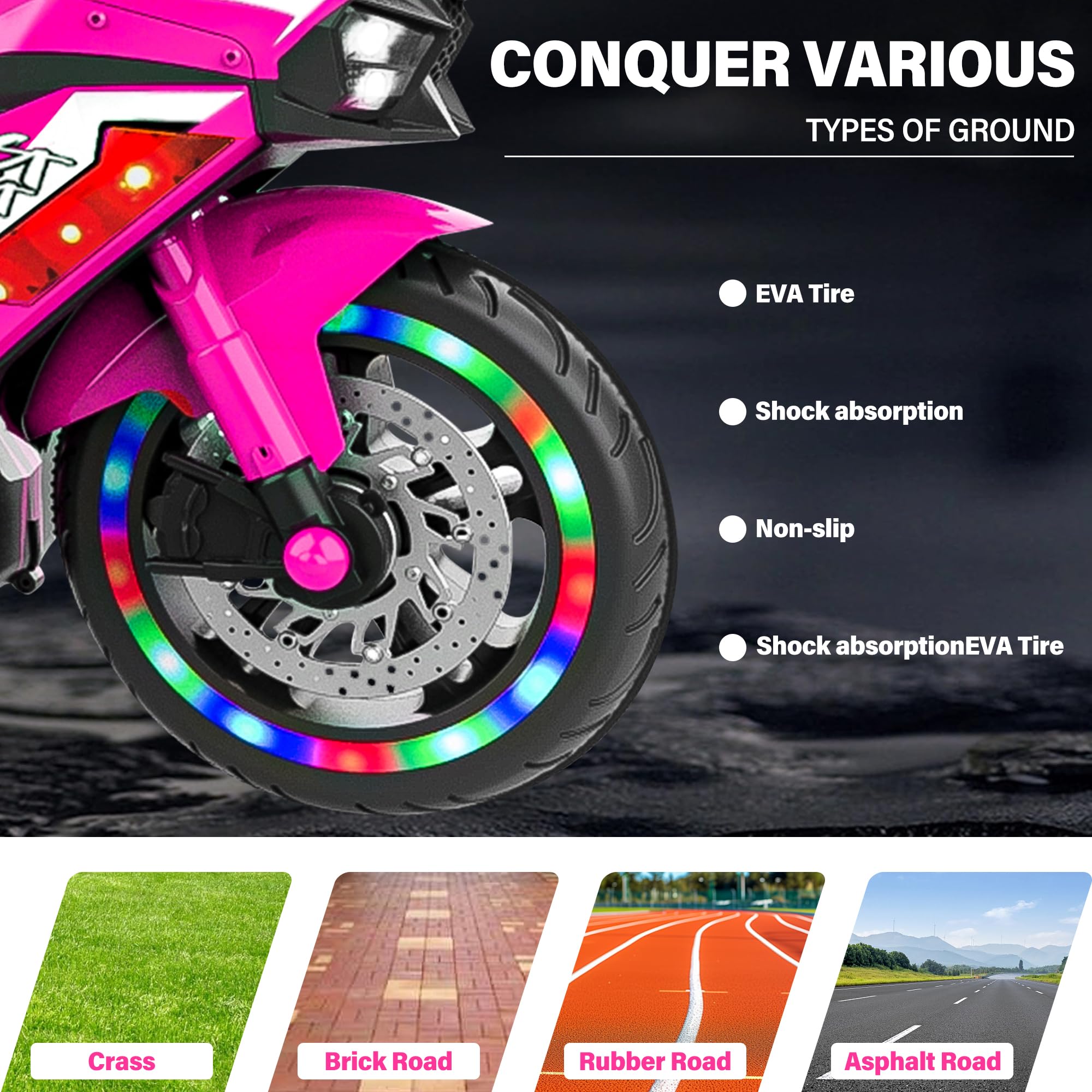 12V Kids Electric Ride On Motorcycle - 2 Wheels Battery Powered Toy Bike for Boys & Girls Ages 3-6 | LED Light-Up Tires, PU Seat & Racing Handlebars | Birthday Gift for Toddlers | Perfect for Indoor Play & Backyard Fun (Pink)