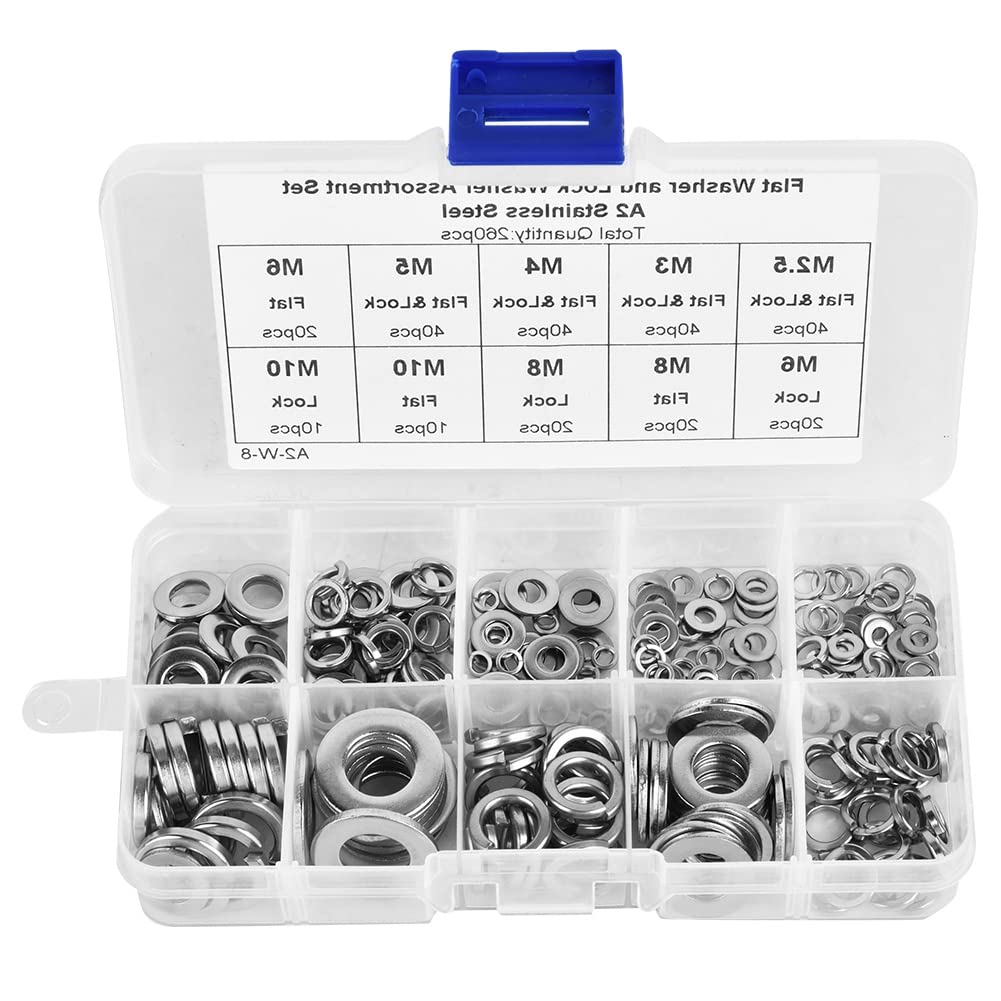 7 Sizes Flat & Spring Washer Set - Stainless Steel Fasteners for Industrial, Home, Automotive & Construction Use - Perfect for Machinery Assembly, Plumbing Fixtures and DIY Projects