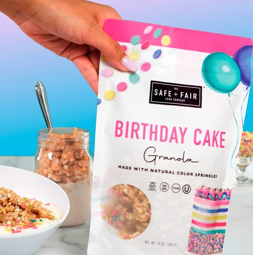 Safe + Fair Birthday Cake Granola – Gluten-Free, Vegan & Plant-Based Snack with Natural Sprinkles – 0g Trans Fat, Non-GMO, Kosher, Allergen-Free, Whole Grain - 12oz (6 Pack) – Perfect for Breakfast, Office Snacks & Healthy Party Treats