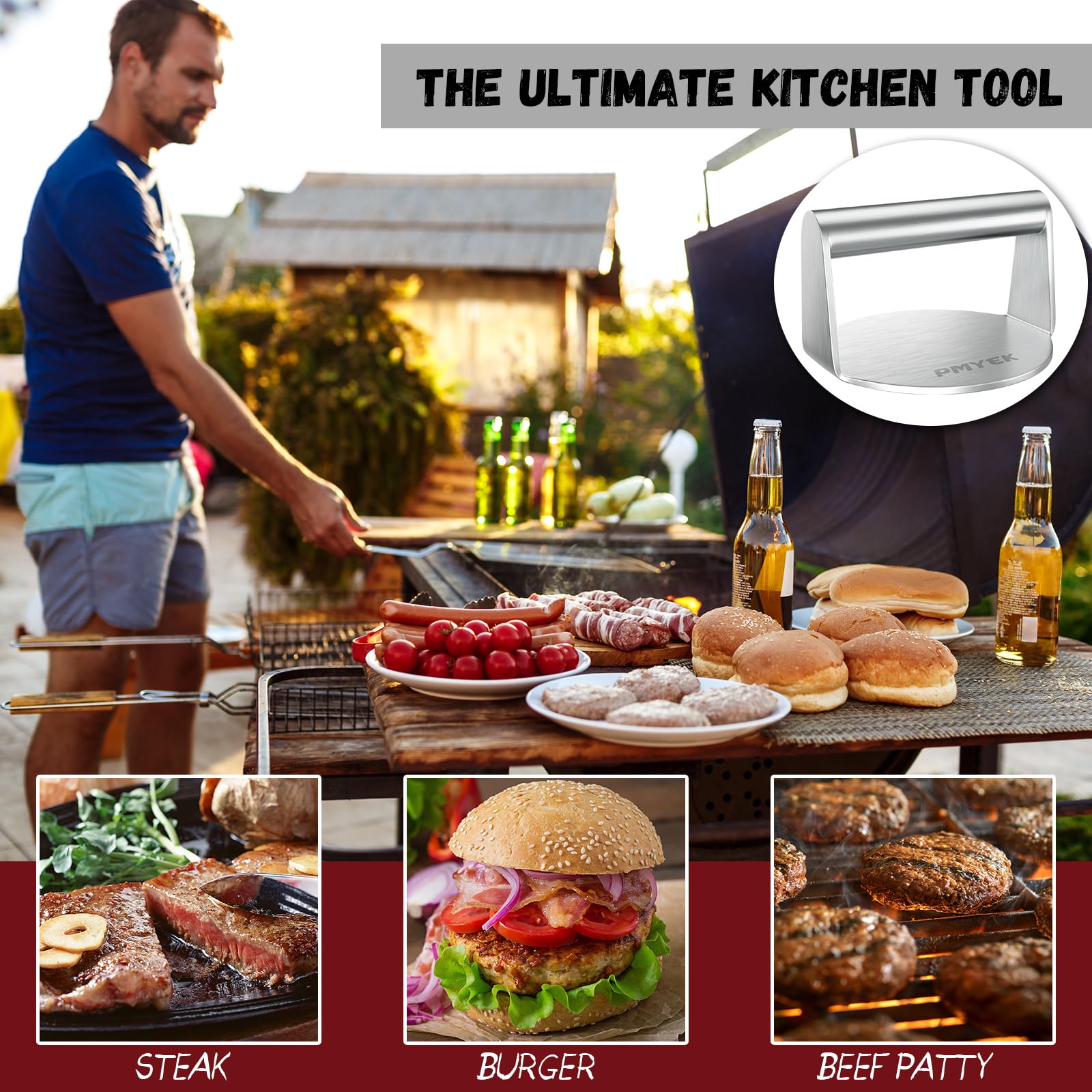 Stainless Steel Burger Press - 5.5 Inch Round Non-Stick Hamburger Patty Maker for Grilling, BBQ & Kitchen - Perfect for Burgers, Bacon & Meat Patties on Griddle or Grill