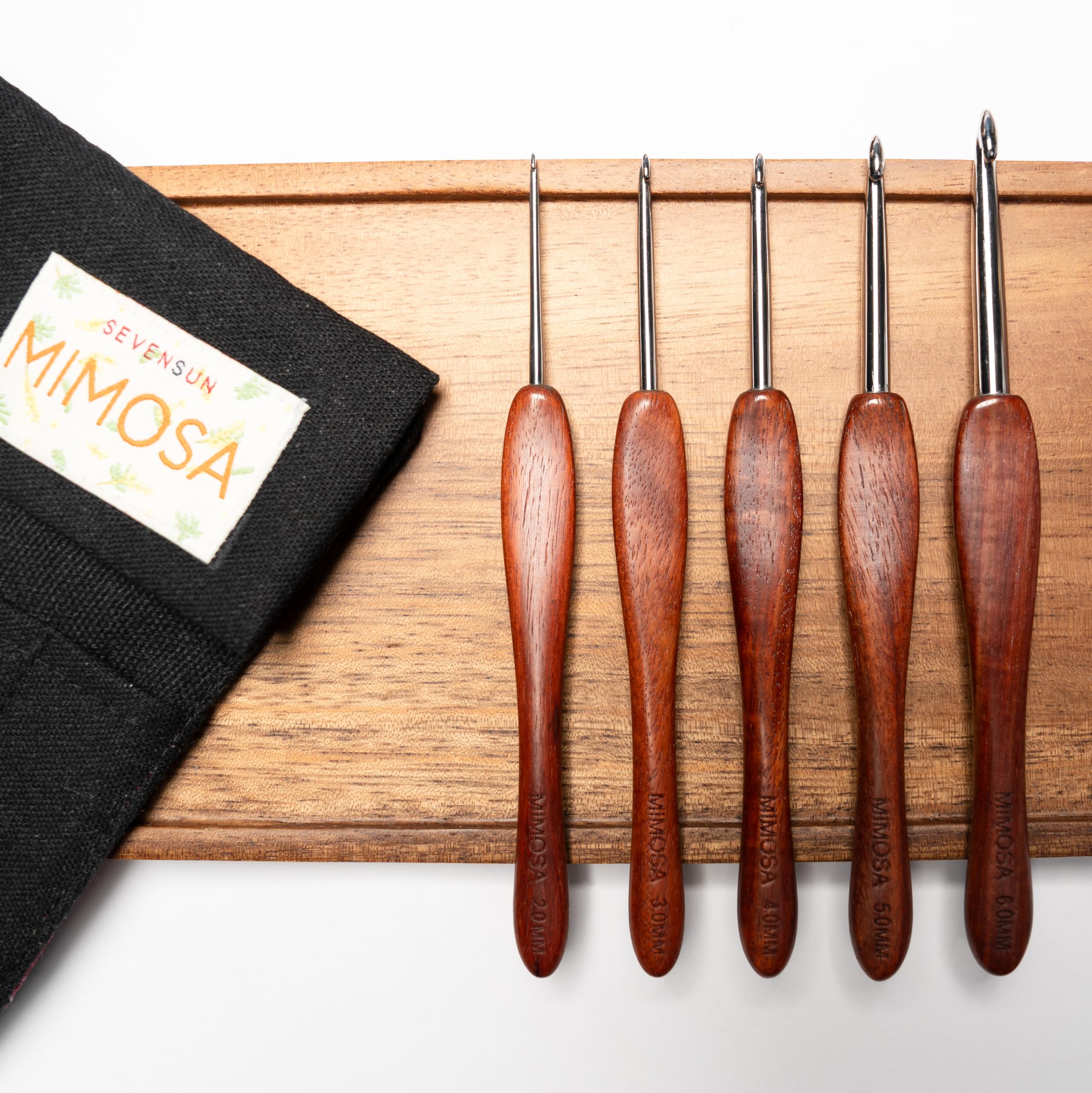 SEVENSUN 5-Piece Mimosa Crochet Hook Set (2mm 3mm 4mm 5mm 6mm) - Ergonomic Stainless Steel Crochet Needles with Wooden Handle for Knitting, Amigurumi, Blankets & DIY Crafts - Perfect for Beginners & Professional Crocheters