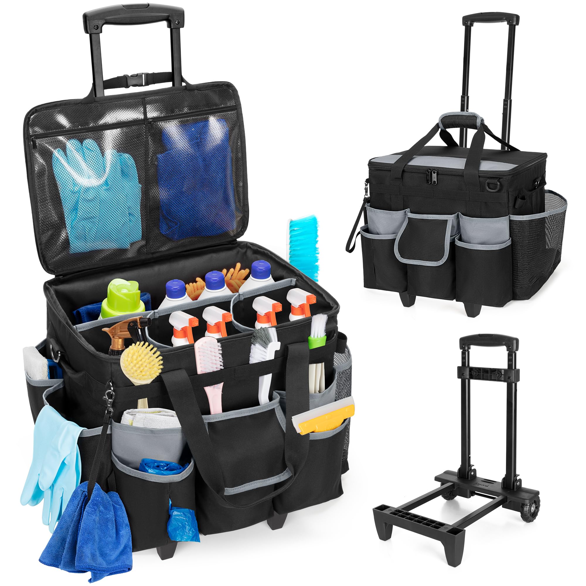Large Rolling Cleaning Caddy with Detachable Trolley & Lid - Mobile Cleaning Cart with Wheels, Shoulder Strap & Handles - Multi-Pocket Cleaning Supplies Organizer for Mops, Brooms & Tools - Perfect for Home, Office & Janitorial Use