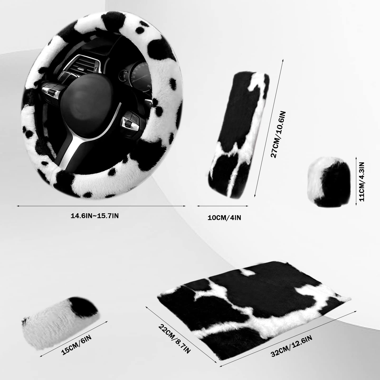 6PCS Car Interior Aesthetic Accessories Set - Fluffy Cute Cow Print Steering Wheel Cover, Armrest Pad, Seat Belt Cover & Gear Shift Cover - Perfect for Girly Car Decor & Comfort Driving