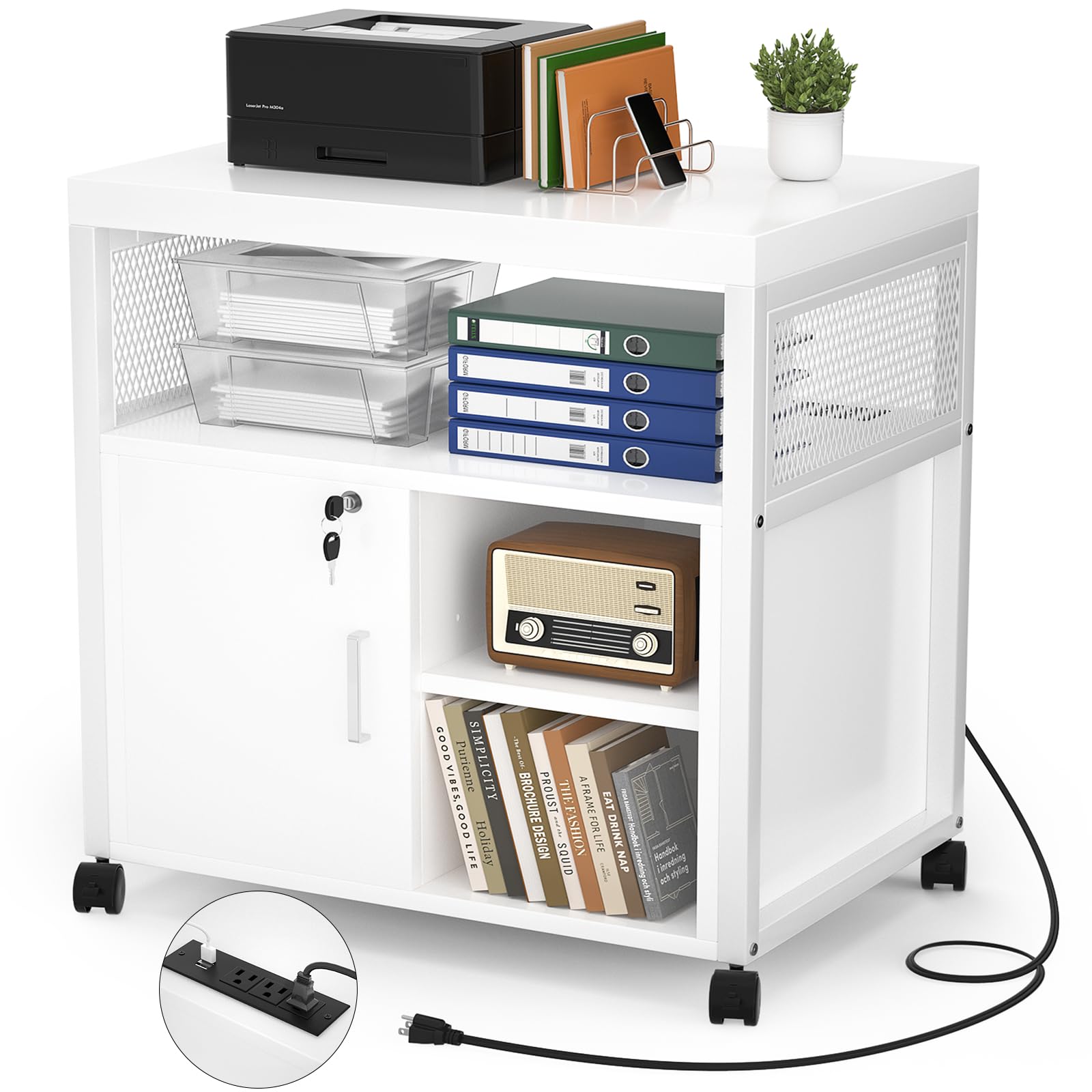 Unikito Rolling File Cabinet with USB Charging Port - Lockable Lateral Office Filing Cabinet with Wheels, Modern Printer Stand with Door & Open Storage - White | Perfect for Home Office, Small Business & Workspace Organization