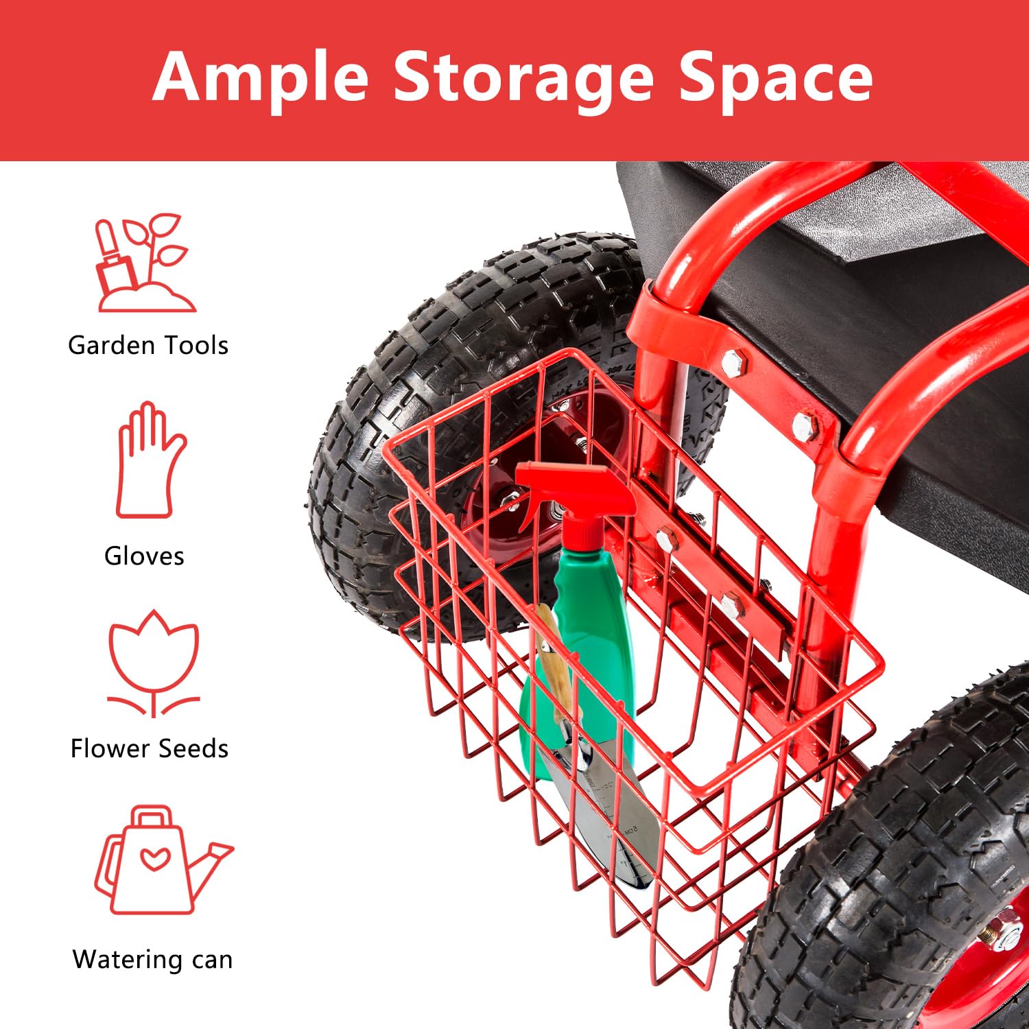 **360° Swivel Rolling Garden Seat with Wheels - Adjustable Garden Cart with Tool Tray & Storage Basket, Red - Perfect for Gardening, Landscaping & Outdoor Work**
