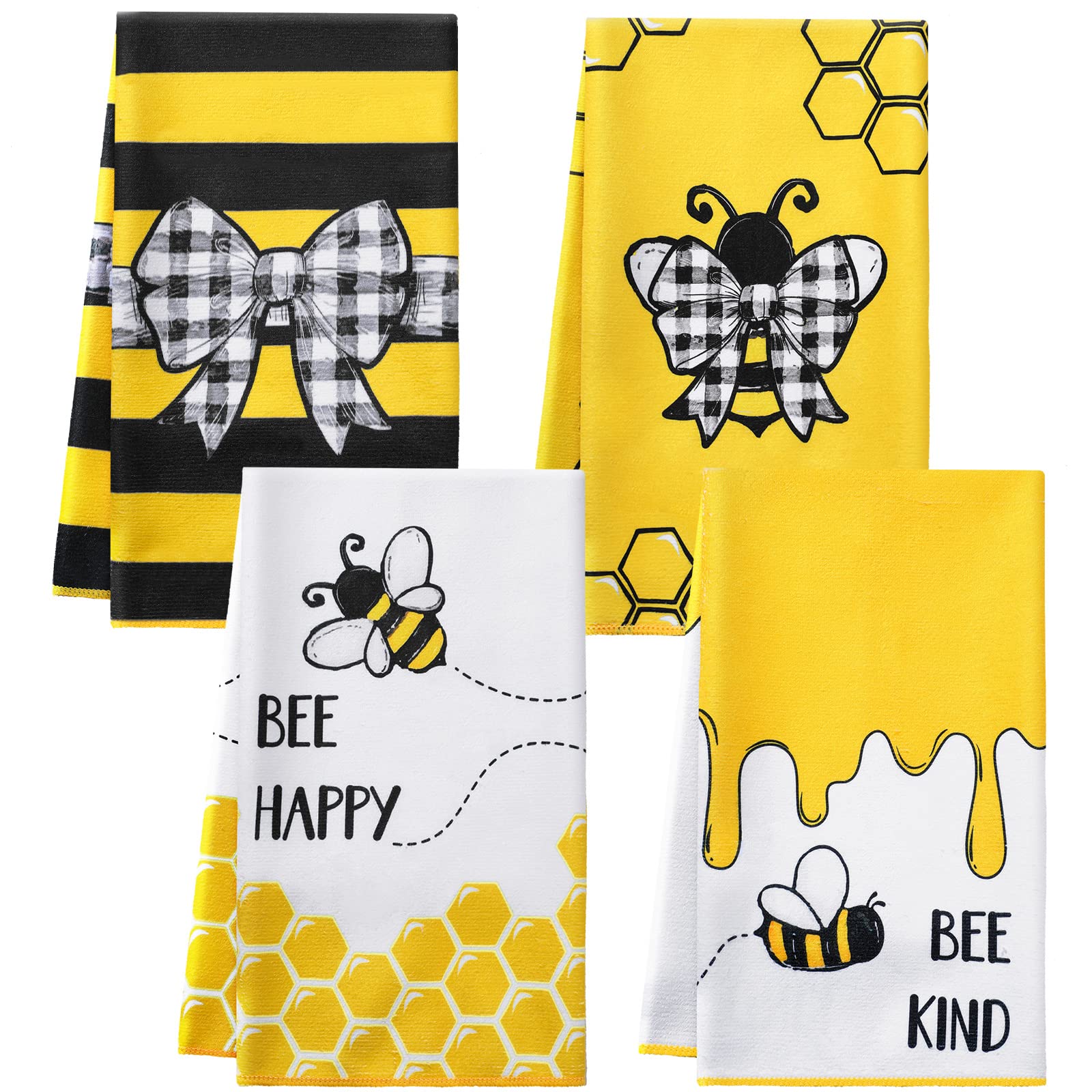 CHENGU 4-Pack Honey Bee Kitchen Towels - Super Absorbent Dish Drying Cloths, Cute Spring Summer Tea Towels for Home, Bathroom & Kitchen Decor (Bee Pattern) - Perfect for Dish Drying, Hand Wiping & Farmhouse Decor