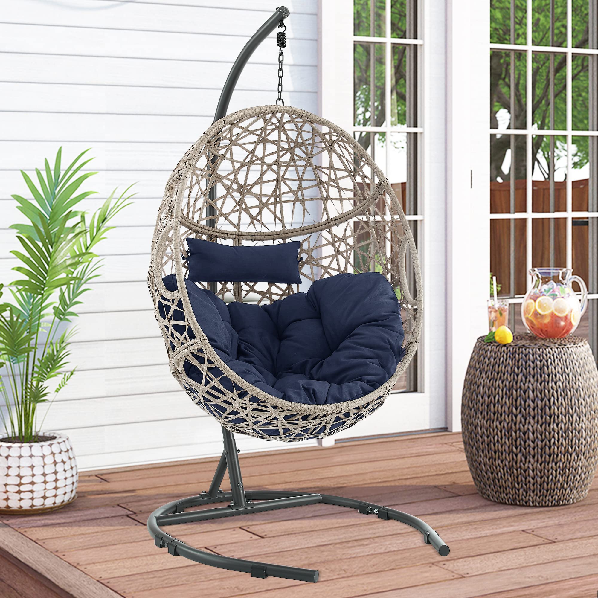 Ulax Outdoor Egg Chair Swing with Stand - Wicker Tear Drop Hammock Chair with Cushion (Navy) - Perfect for Patio, Garden, Backyard & Poolside Relaxation