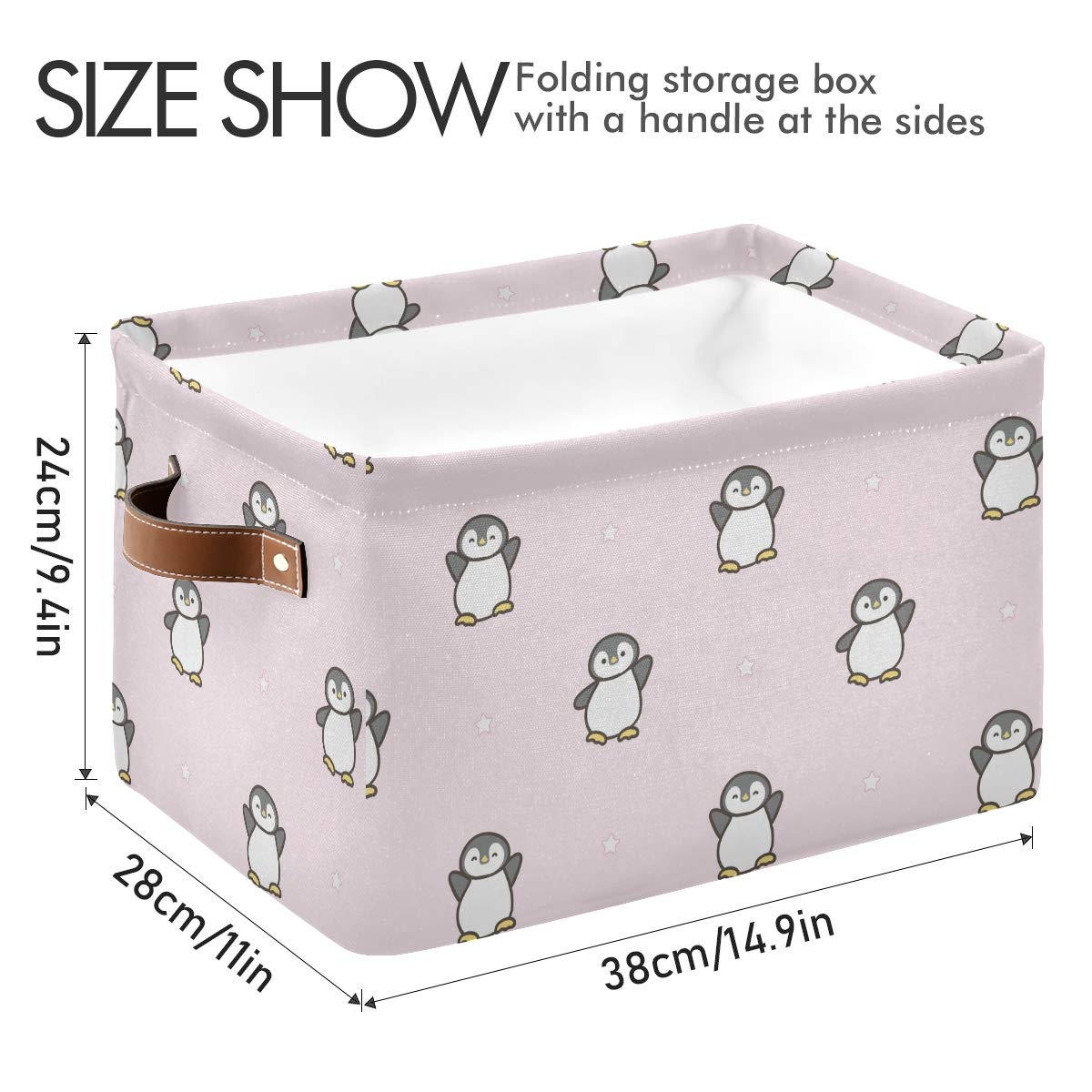 Foldable Storage Baskets with Handles - Pink Penguin Pattern Fabric Organizer Bin for Home & Office (15