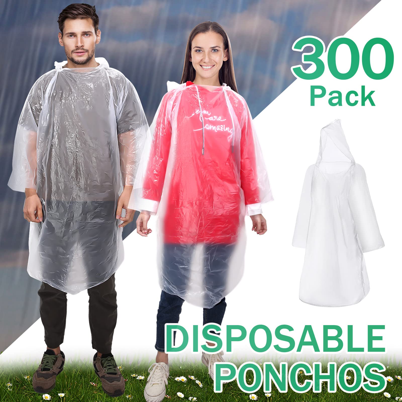 Wesiti 300 Pack Disposable Rain Ponchos with Hood - Waterproof Emergency Rain Gear for Adults, Men & Women - Perfect for Travel, Camping, Hiking, Outdoor Events & Sports Activities
