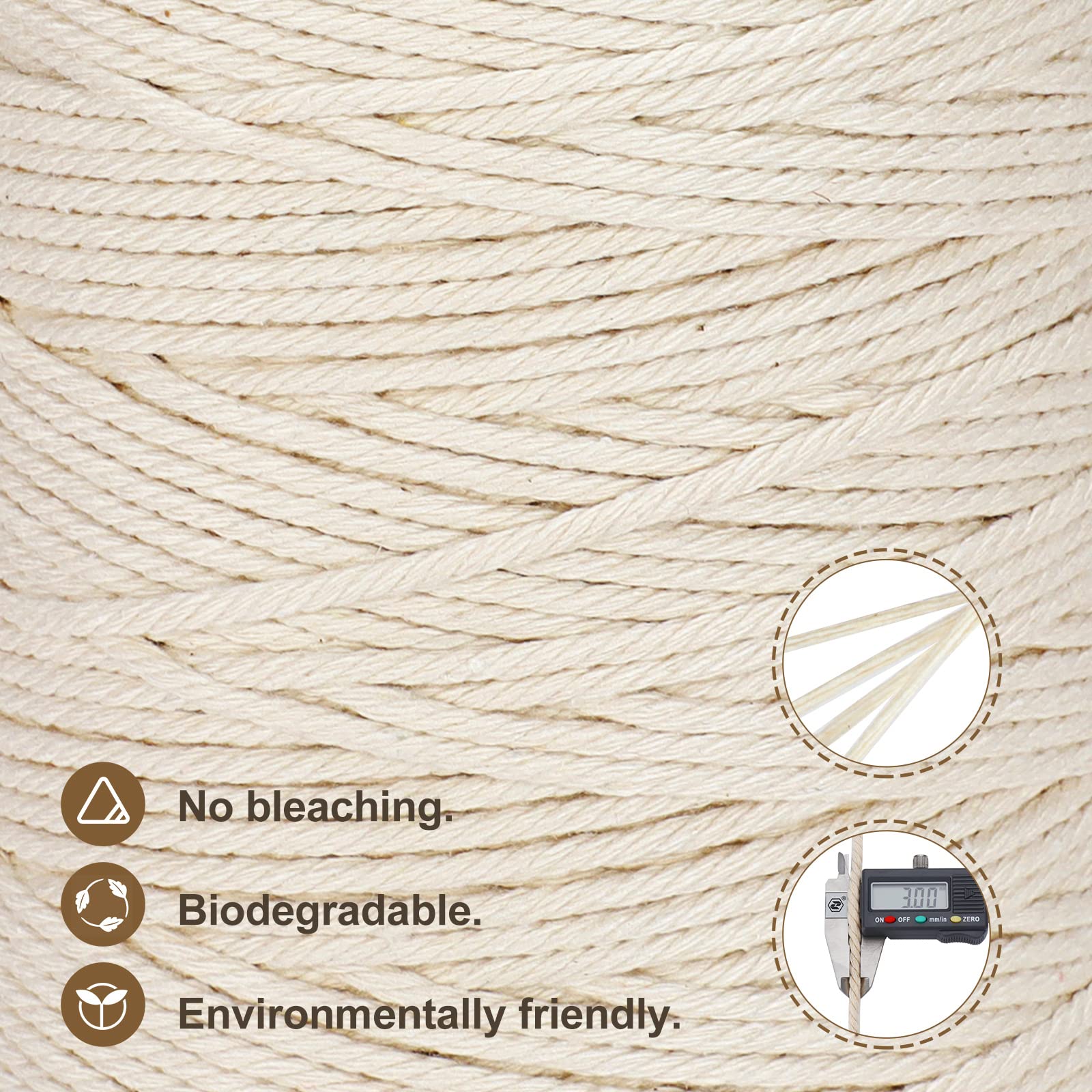 3mm x 328yd Macrame Cord - 100% Natural Cotton Rope for DIY Crafts, Knitting & Plant Hangers | 4 Strand Twisted Cotton String | Perfect for Wedding Decor, Wall Hangings & Boho Home Decor (Green)