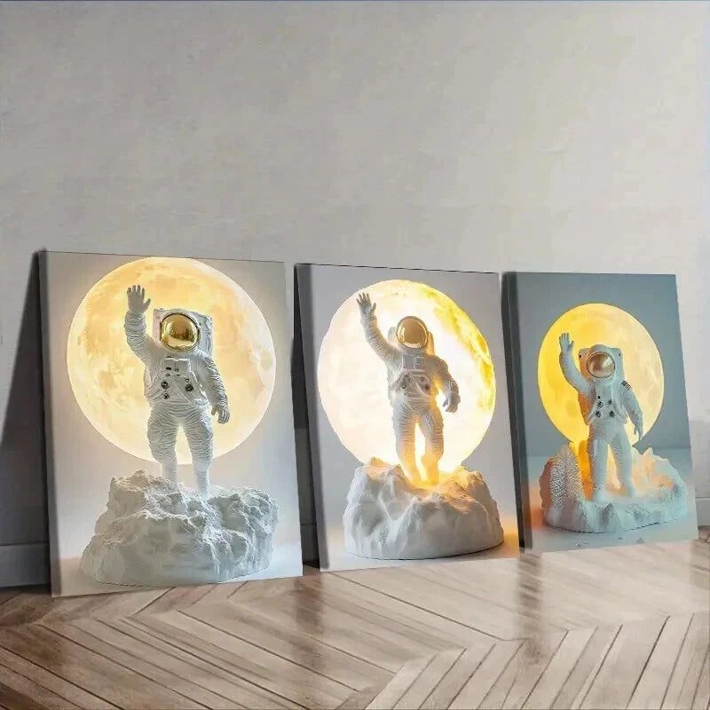 3-Piece Cartoon Astronauts on the Moon Wall Art Set - Framed Canvas 50x70cm - High Quality Print - 100% Australian Made - Ready to Hang - Perfect for Kids Room, Nursery, or Space Themed Decor