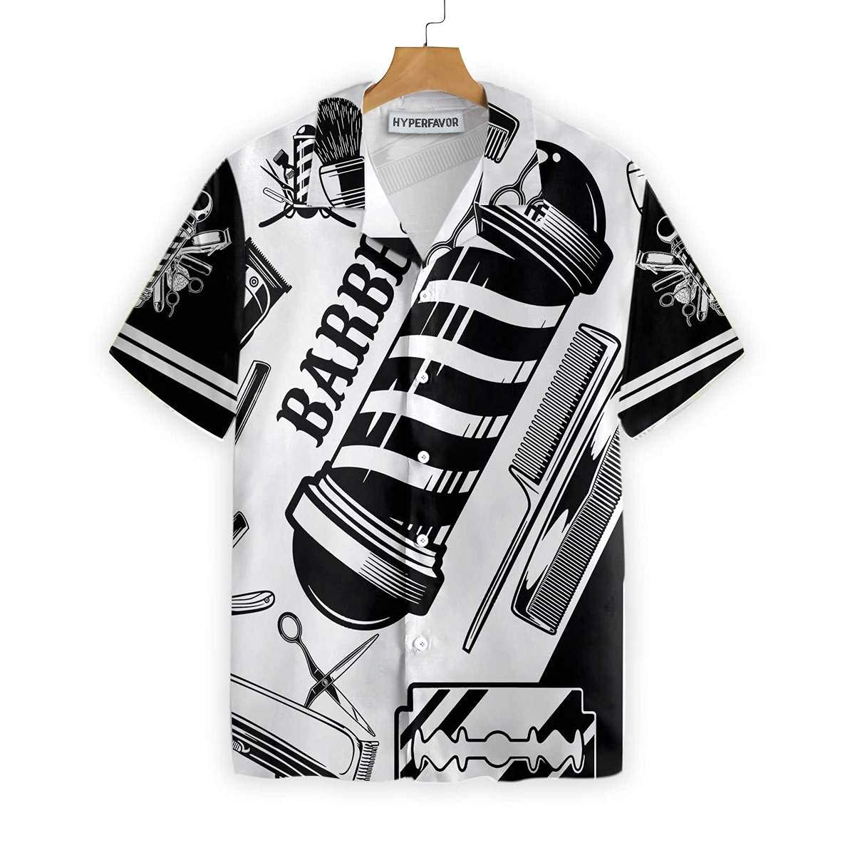 HYPERFAVOR Men's Barber Shirts - Short Sleeve Hawaiian Style Work Shirts with Barber Tools - Perfect for Salon Professionals & Casual Wear