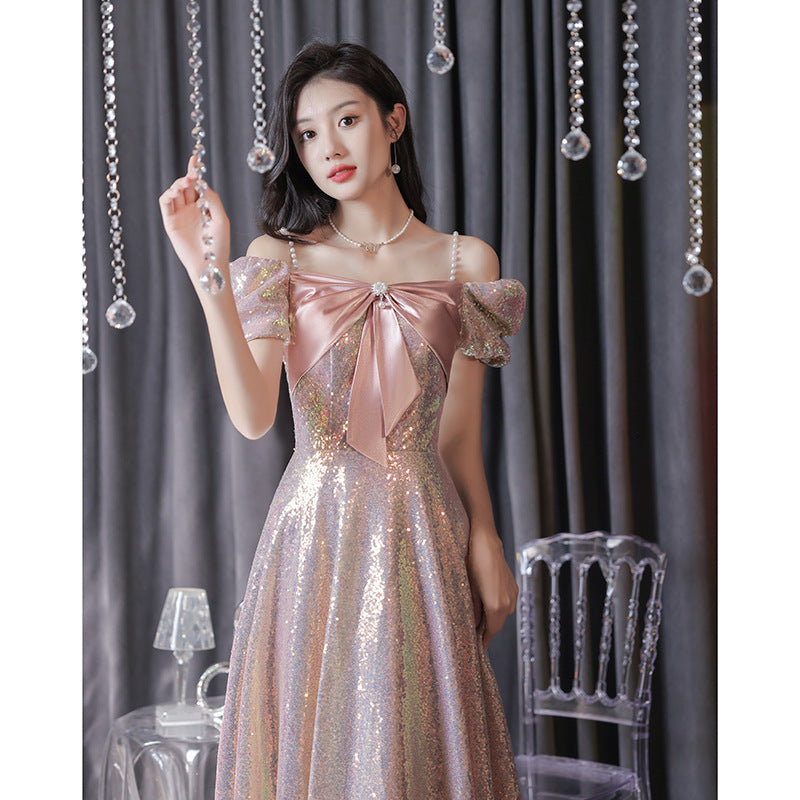 Elegant A-Line Pink Shiny Long Prom Dress with Bow Tie - Sweet Fairy Party Gown for Formal Dances & Special Occasions - Size 550