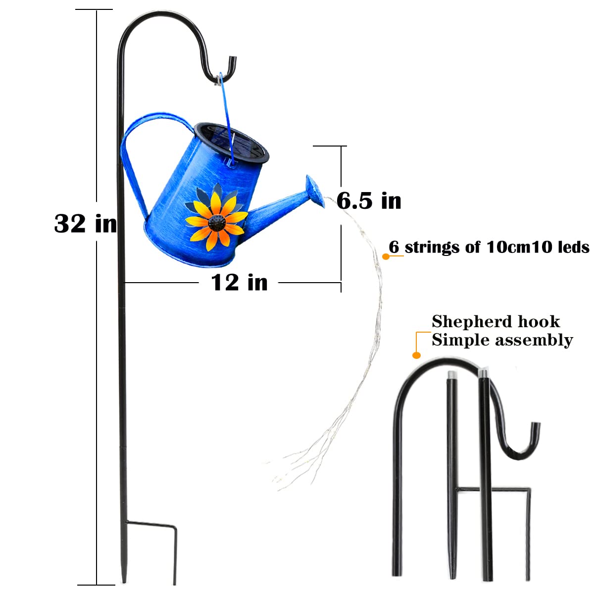 Solar Powered Blue Watering Can with LED Waterfall Lights - 60 LED Garden Decor for Yard, Path, Christmas Holiday Decoration - Includes Shepherd Hook - Perfect for Outdoor Patio, Lawn, and Seasonal Festive Lighting