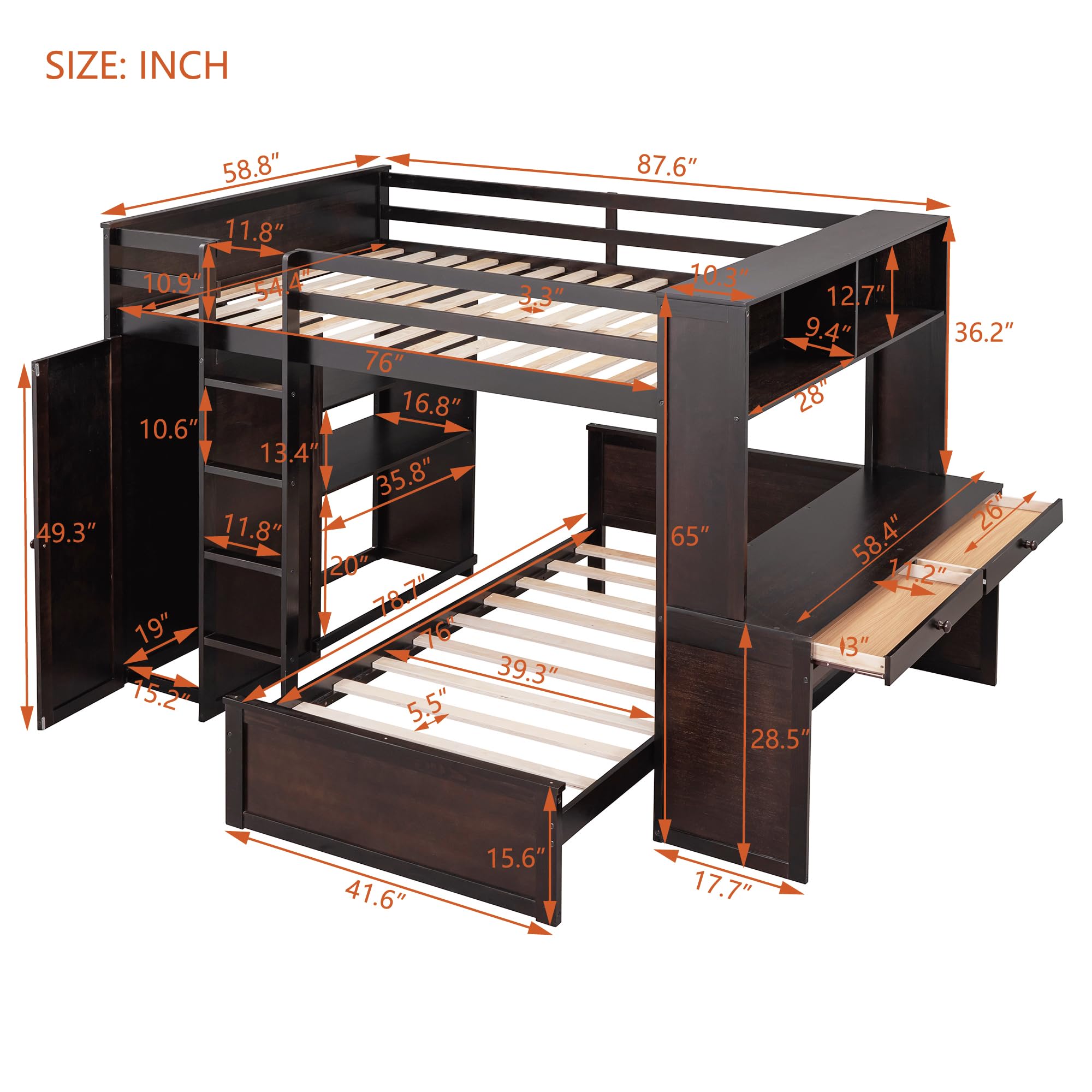 P PURLOVE Full Loft Bed with Desk for Kids - Twin Over Twin Bunk Bed with Wardrobe, Storage Drawers & Bookcase - Multifunctional Wooden Loft Bed Frame for Small Spaces - Perfect for Bedroom, Dorm Room or Kids' Room Organization