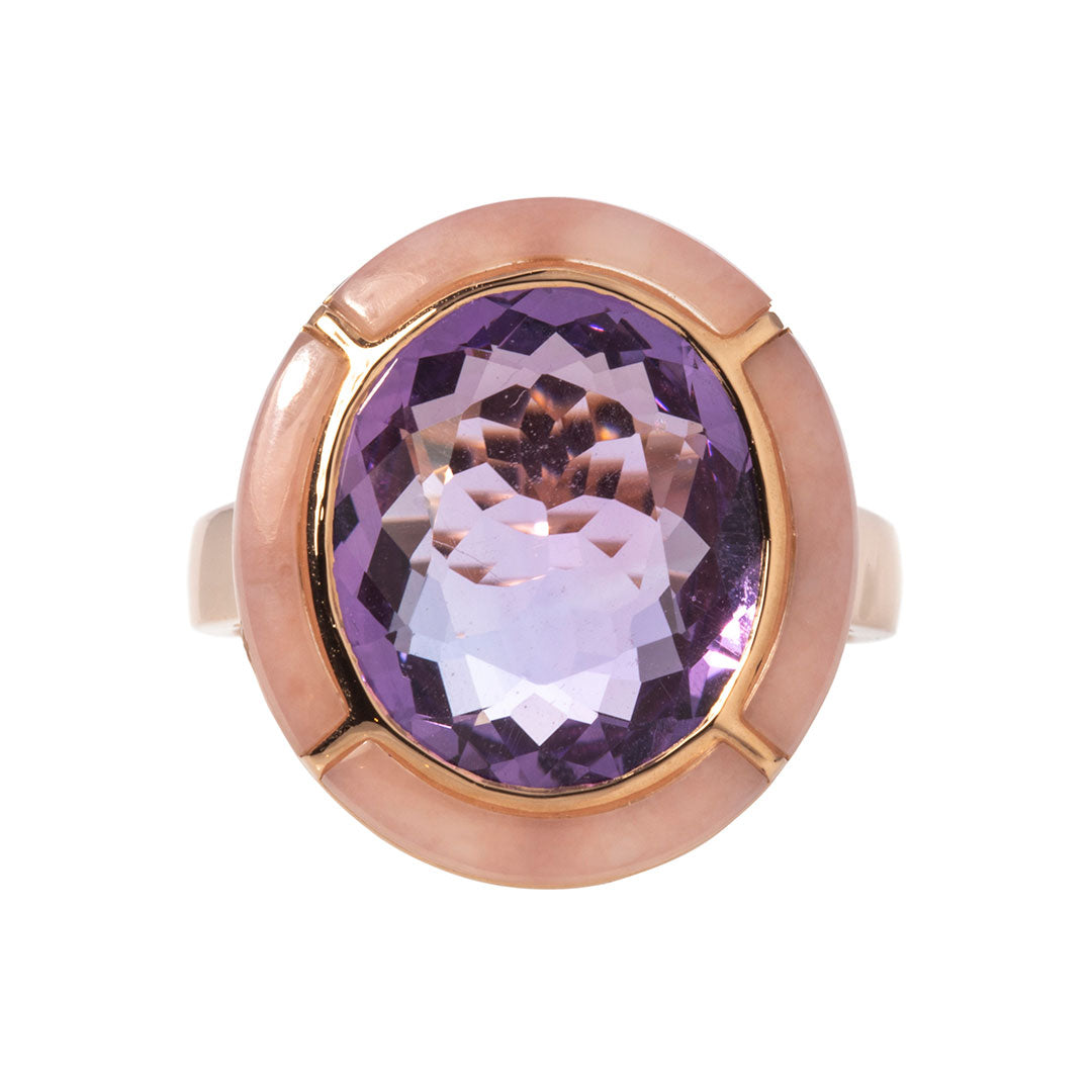 Goshwara 18K Gold Ring with Oval Light Amethyst & Pink Opal Inlay - Elegant Jewelry for Women, Perfect for Weddings, Anniversaries & Special Occasions