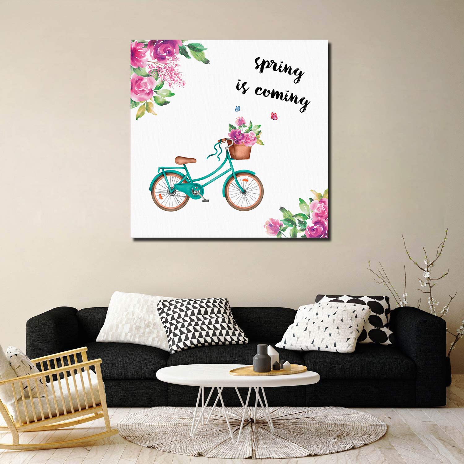 Square Canvas Wall Art - Bicycle & Flowers Spring Coming Pattern - 8x8 Inches Ready to Hang - Modern Home Decor for Living Room, Bedroom, Office - Perfect for Spring Refresh & Housewarming Gifts