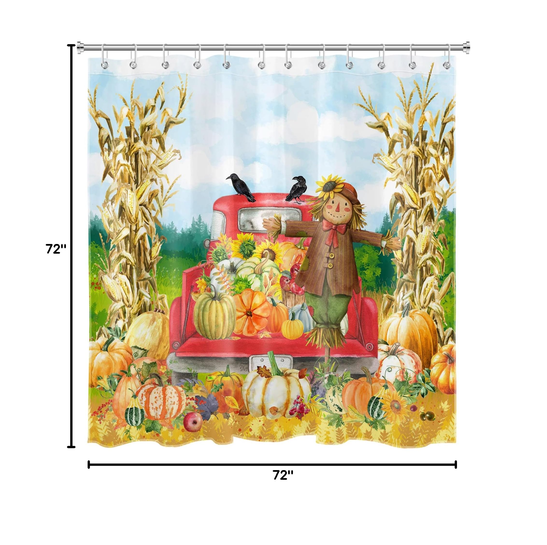 ECOTOB Fall Farm Shower Curtain - Red Truck with Pumpkin Scarecrow & Sunflowers Design, 72x72 Inch Harvest Thanksgiving Bathroom Decor with Hooks - Perfect for Autumn, Farmhouse, and Holiday Bathroom Themes