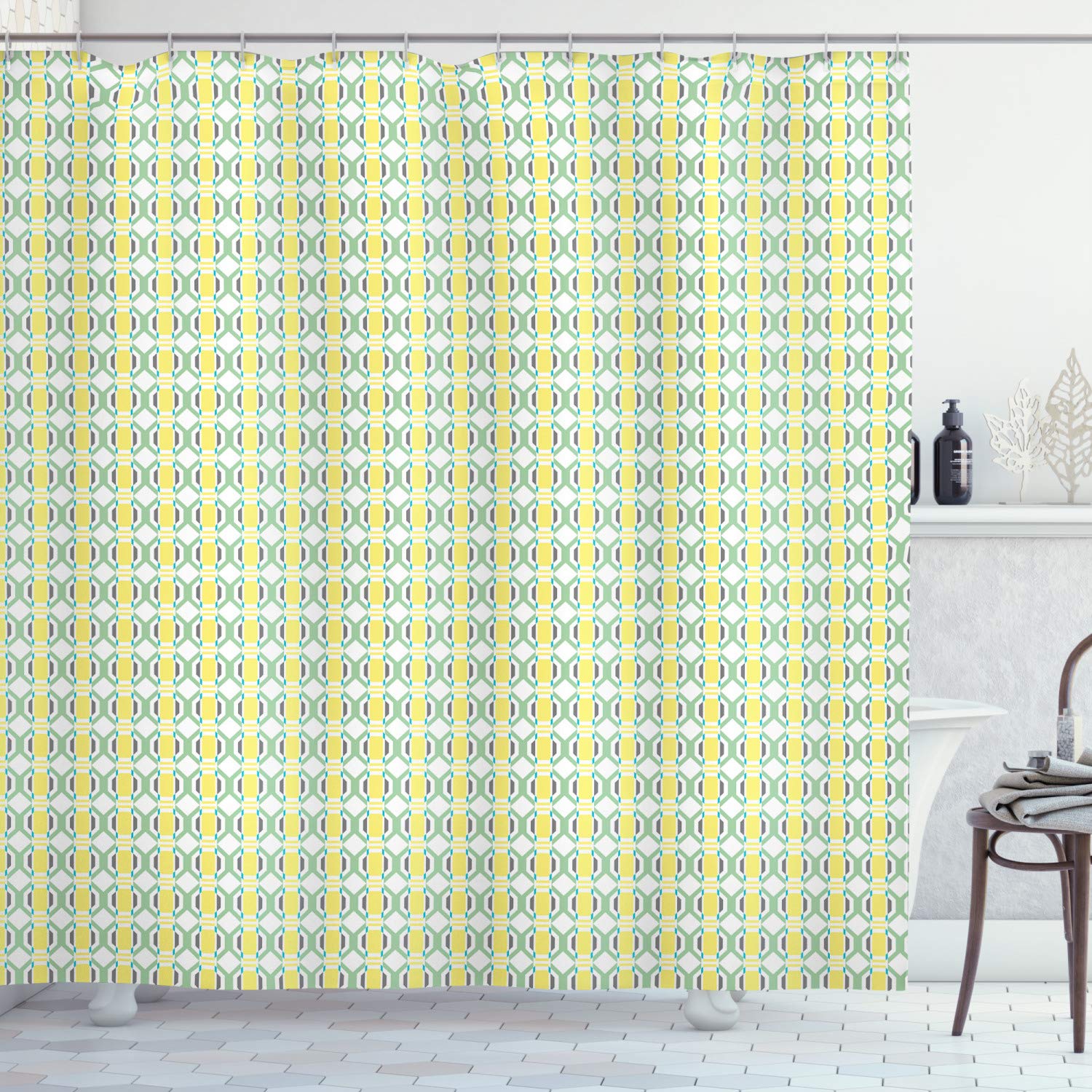Ambesonne Geometric Shower Curtain - Modern Octagon & Square Pattern in Pastel Yellow & Green, 69x70 Inch Fabric Bathroom Decor with Hooks | Waterproof & Stylish for Bathroom, Dorm, or Guest Room