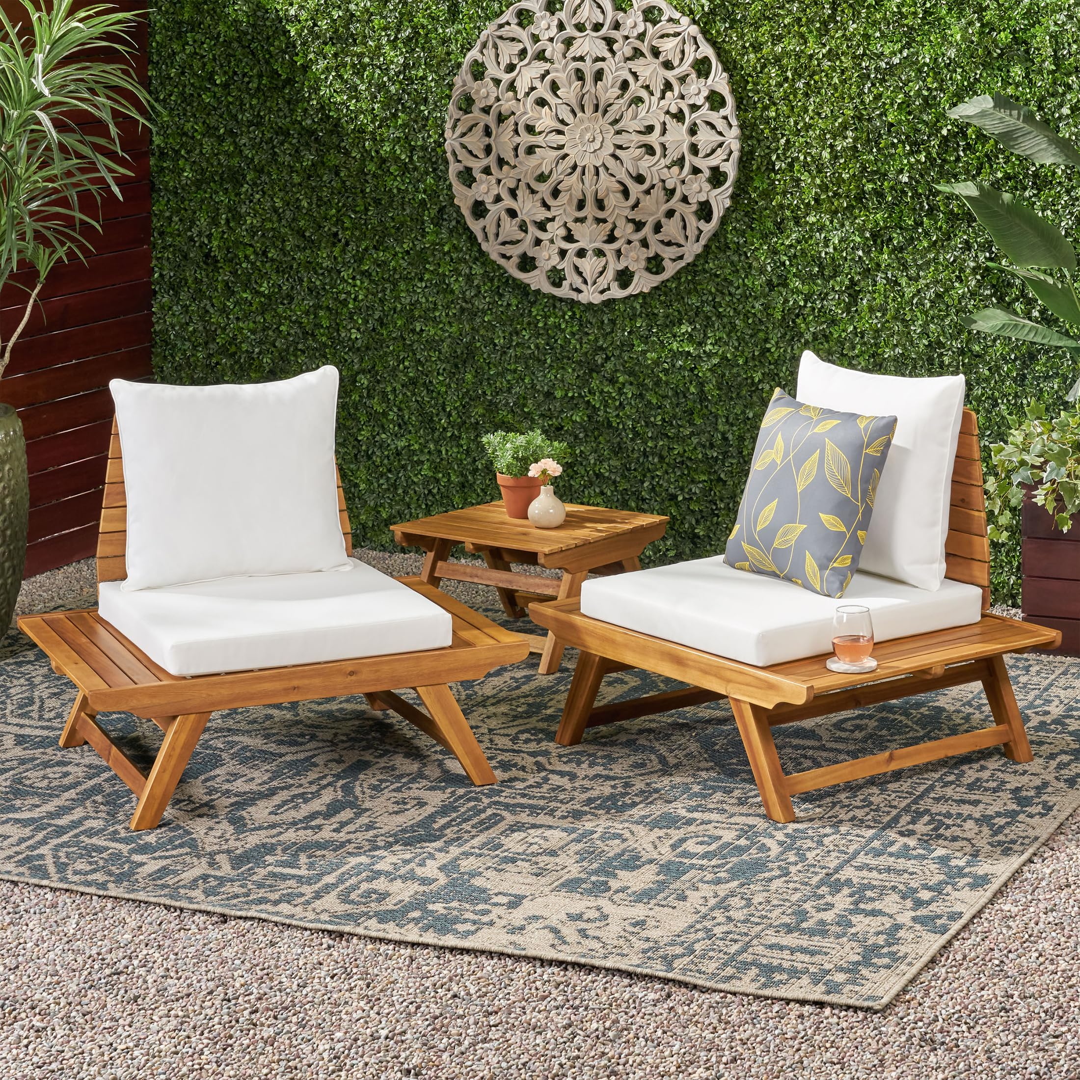 GDFStudio Outdoor Wooden Club Chairs with Cushions (Set of 2) - White & Teak Finish Patio Furniture for Garden, Poolside & Backyard Relaxation