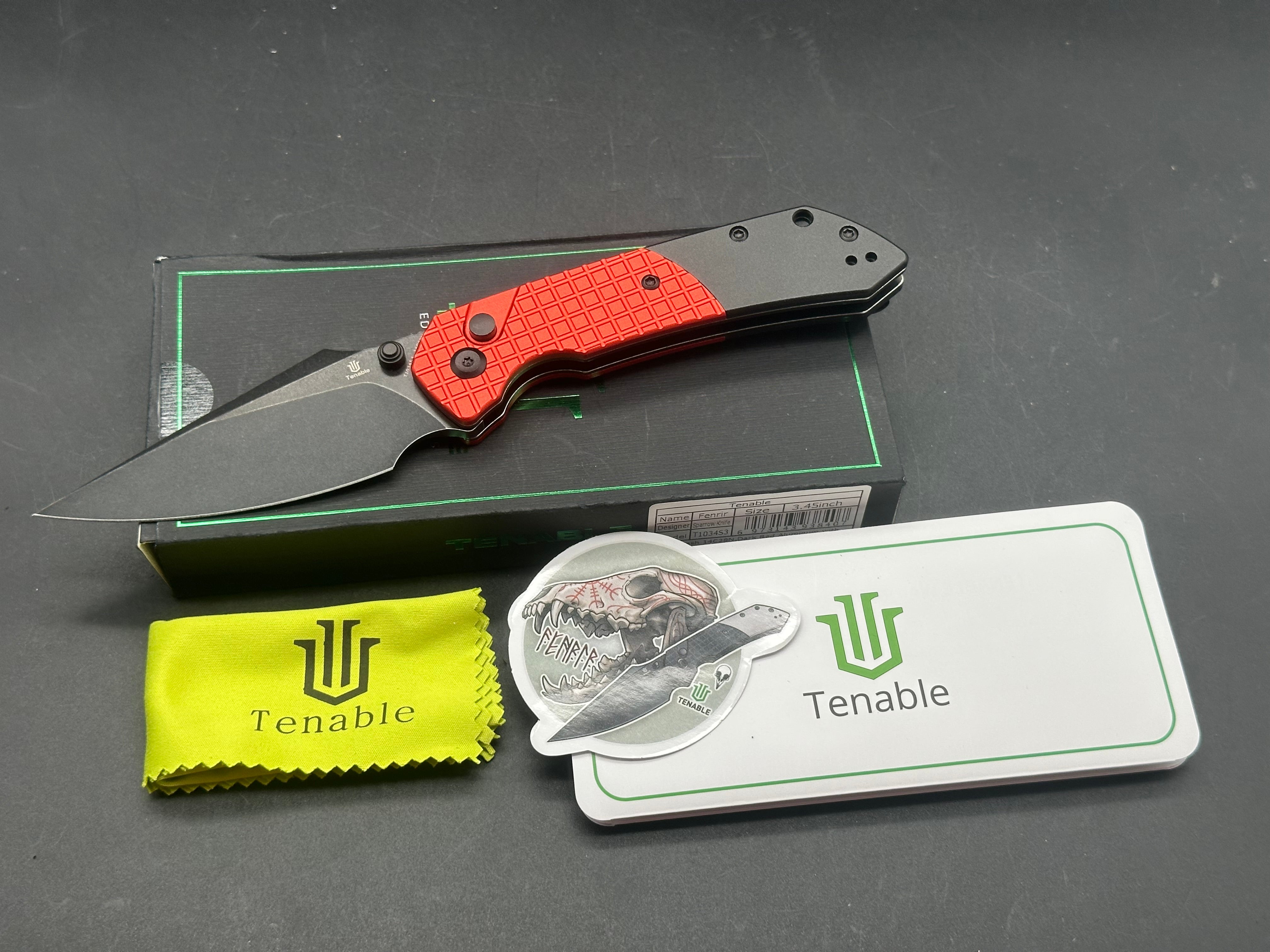 Tenable Button Lock Fenrir Dark Red Aluminum Folding Knife with Frag Pattern & Black Handle - EDC, Outdoor Survival, Camping, Hunting, and Tactical Use
