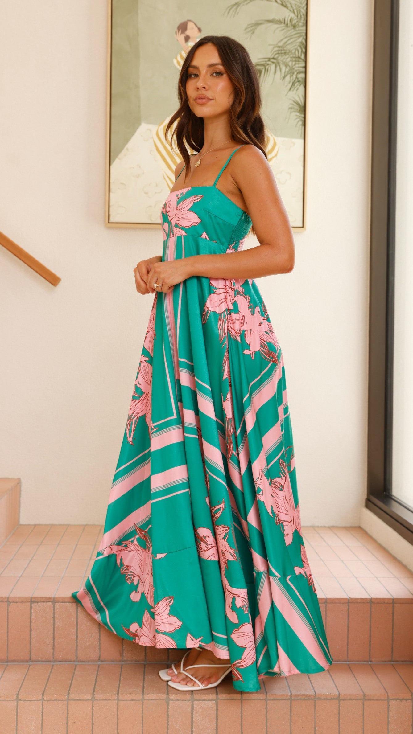 Kaethe Maxi Dress - Green & Pink Floral Print Women's Summer Dress for Beach, Vacation & Casual Wear