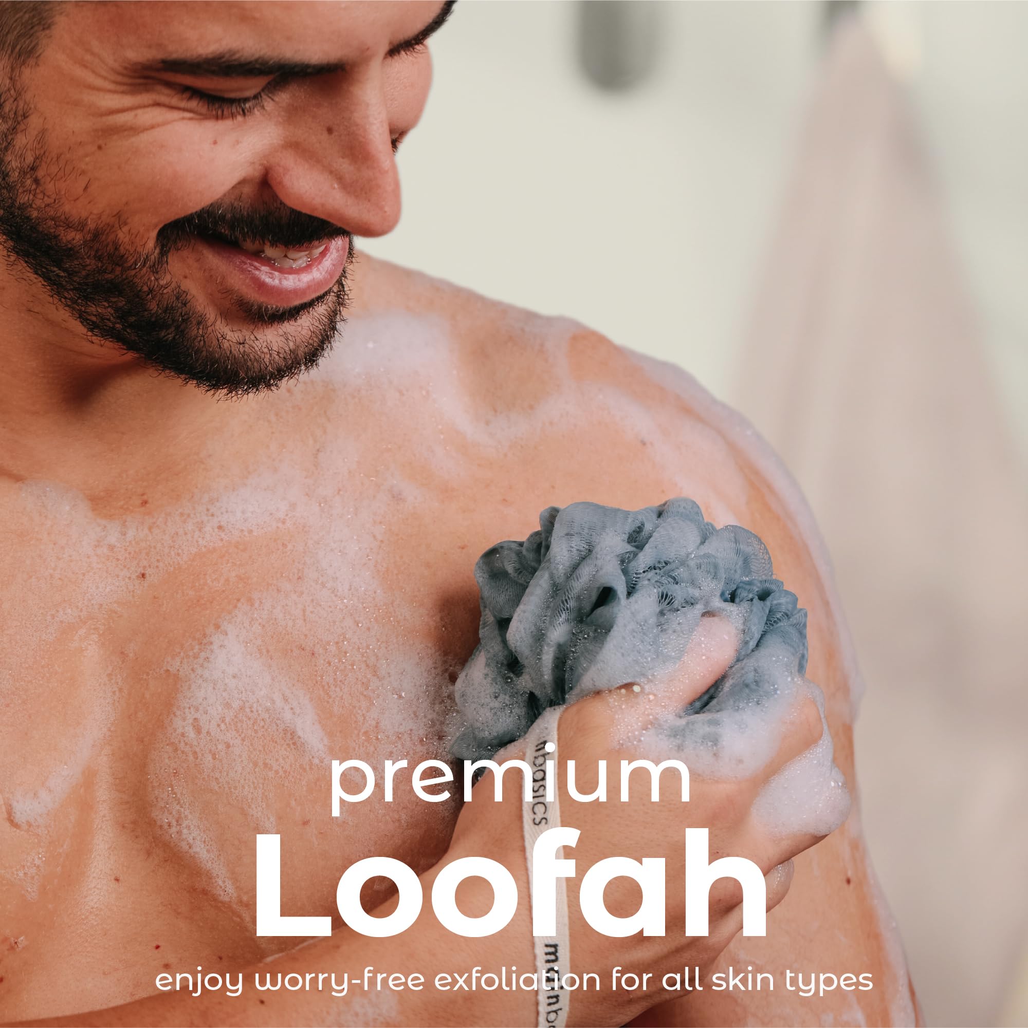 MainBasics 3-Pack Bath & Shower Loofah Sponge Pouf - Exfoliating Body Scrubber for Smooth Skin, Soft Airy Blossom Design - Perfect for Daily Body Wash & Spa Exfoliation at Home